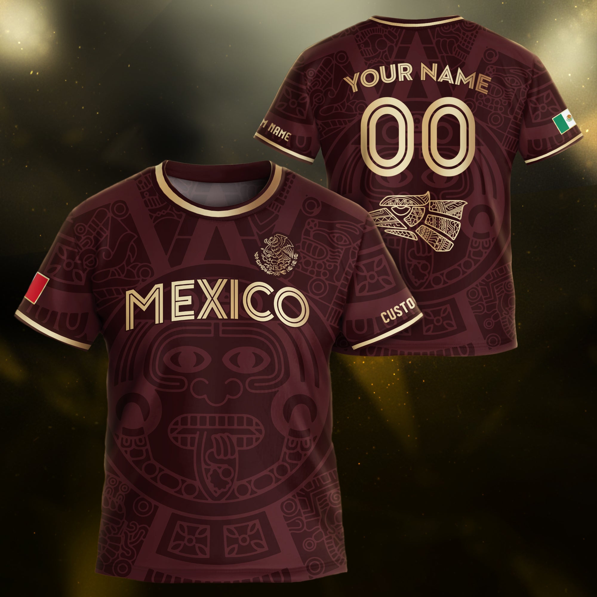 Custom Mexico Kids Soccer Jersey Burgundy Gold Aztec Calendar Heritage Design