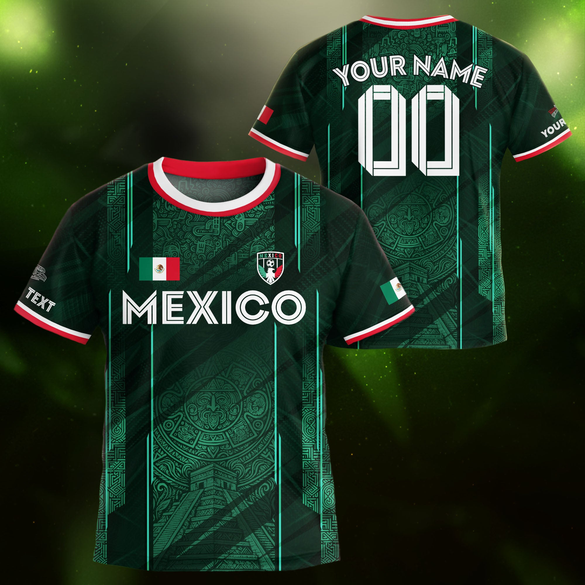 Custom Kids Mexico Soccer Jersey Green Aztec Calendar Design