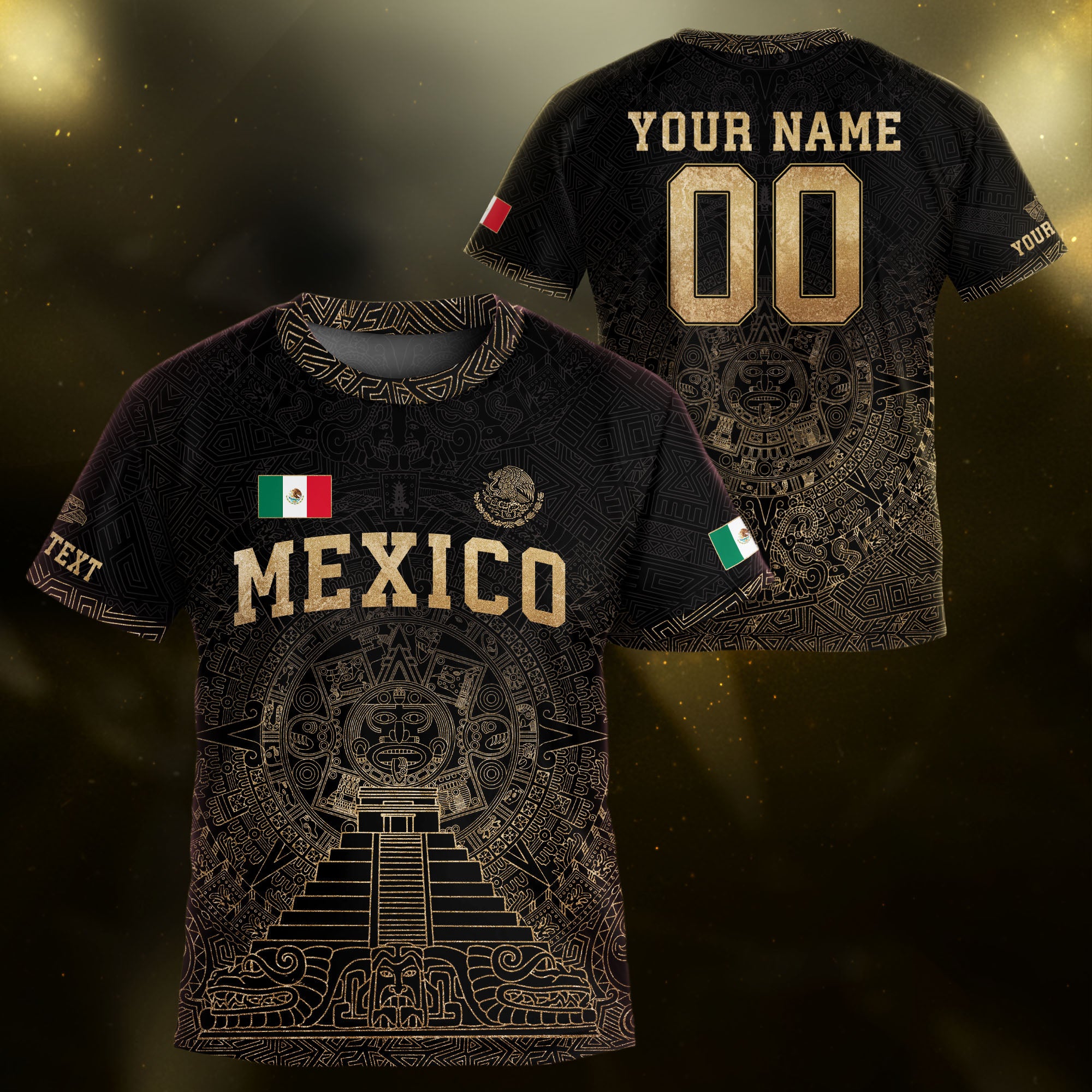 Custom Kids Mexico Soccer Jersey Black Gold Aztec Temple Design