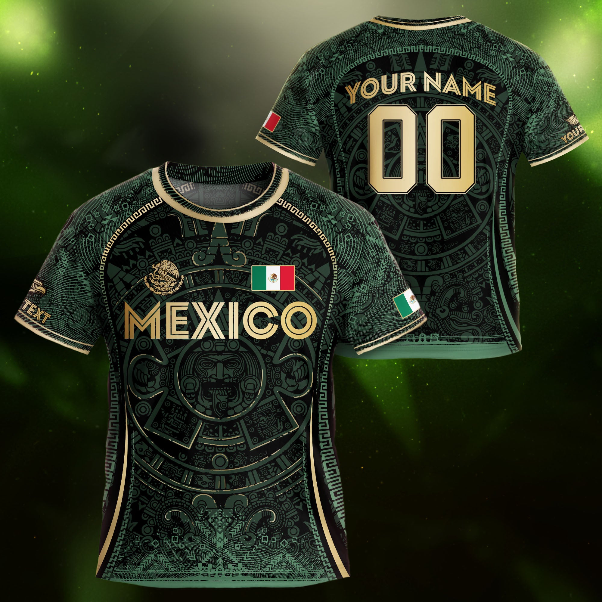 Custom Kids Mexico Soccer Jersey Dark Green Gold Aztec Calendar Design