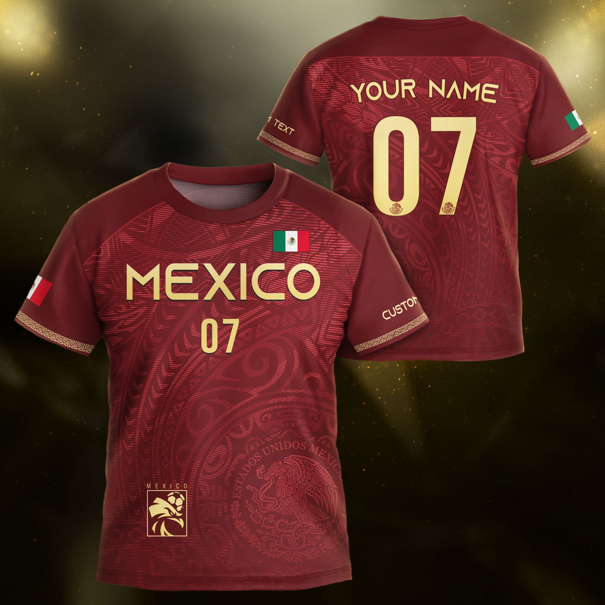 Custom Kids Mexico Soccer Jersey Burgundy Gold Eagle Design