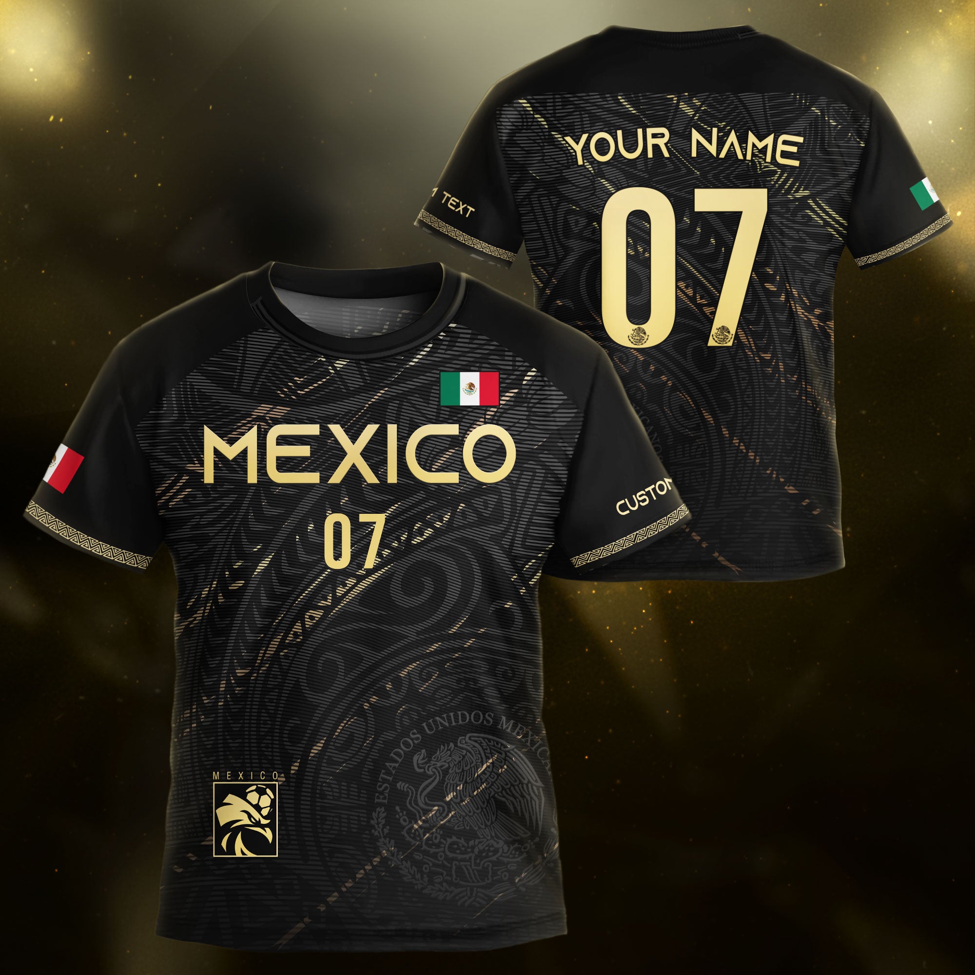Custom Kids Mexico Soccer Jersey Black Gold Heritage Pattern Design