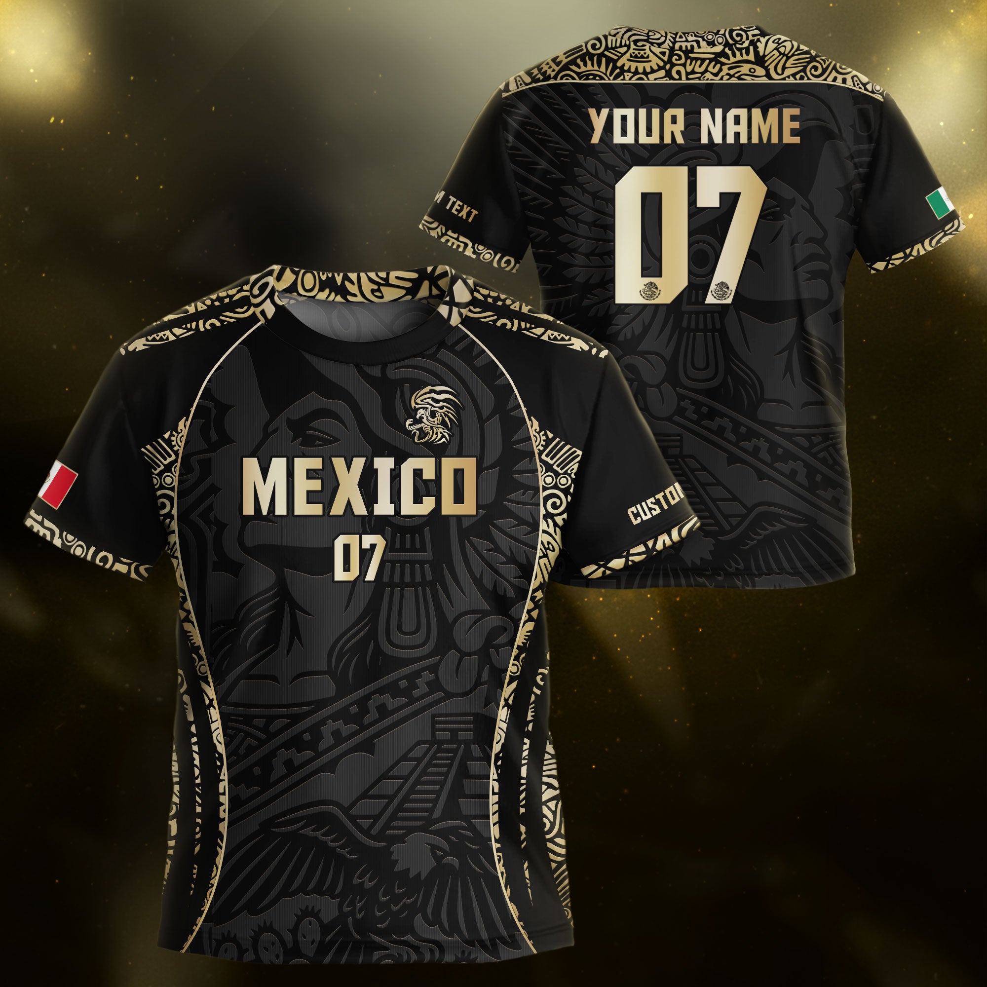 Custom Kids Mexico Soccer Jersey Black Gold Aztec Eagle Design