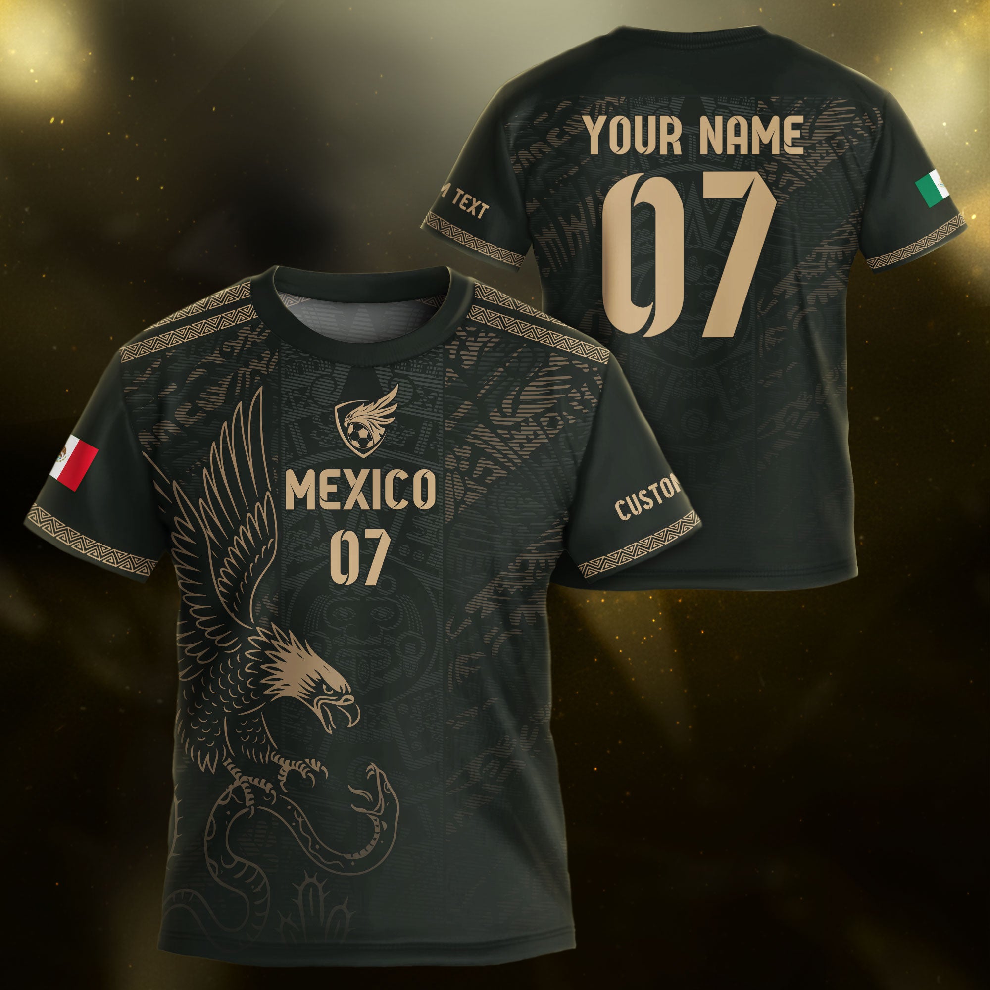 Custom Kid Mexico Black Aztec Eagle Heritage Soccer Jersey