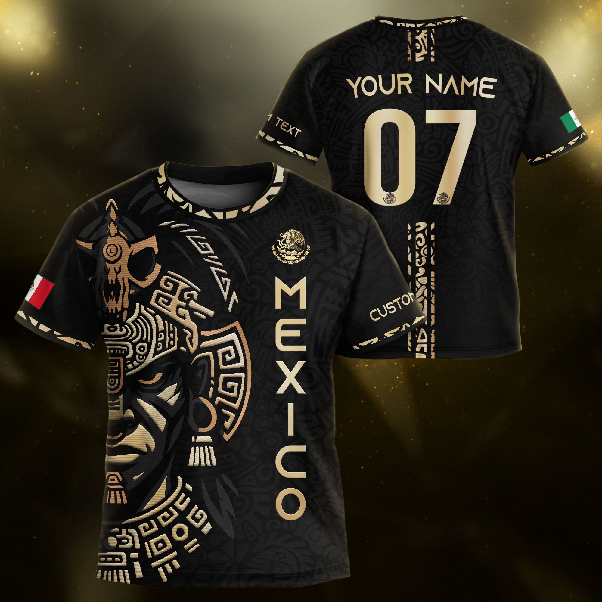 Custom Kid Mexico Aztec Warrior Heritage Black Gold Soccer Jersey