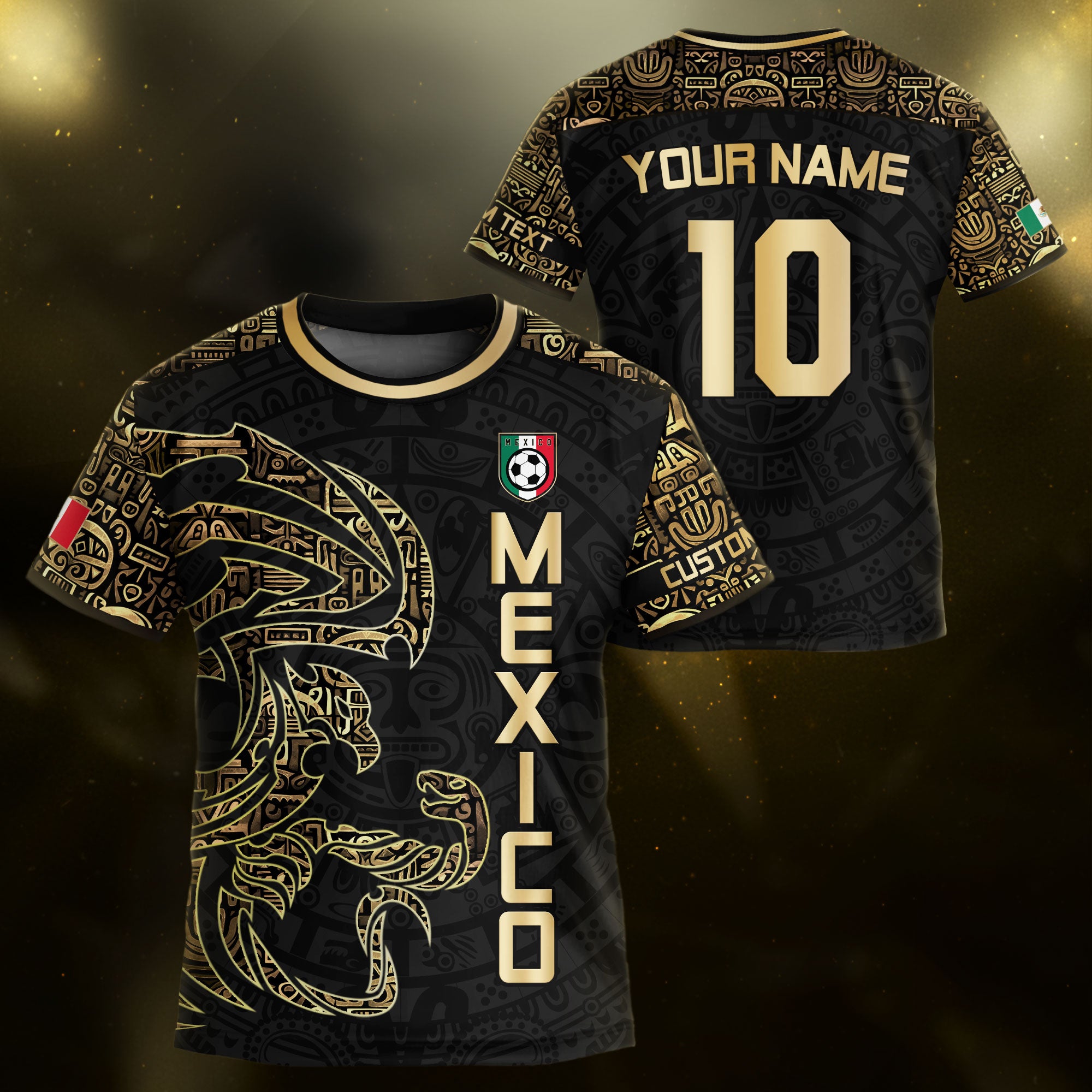 Custom Kid Mexico Black Gold Aztec Eagle Heritage Soccer Jersey