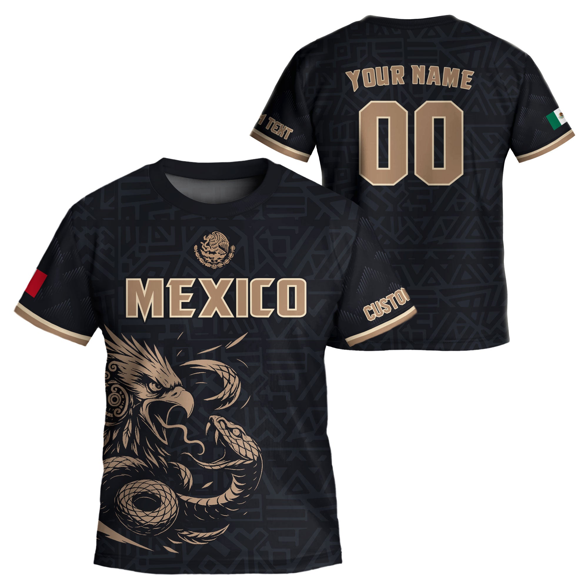 Custom Mexico Kids Soccer Jersey Black Gold Aztec Eagle Serpent Design