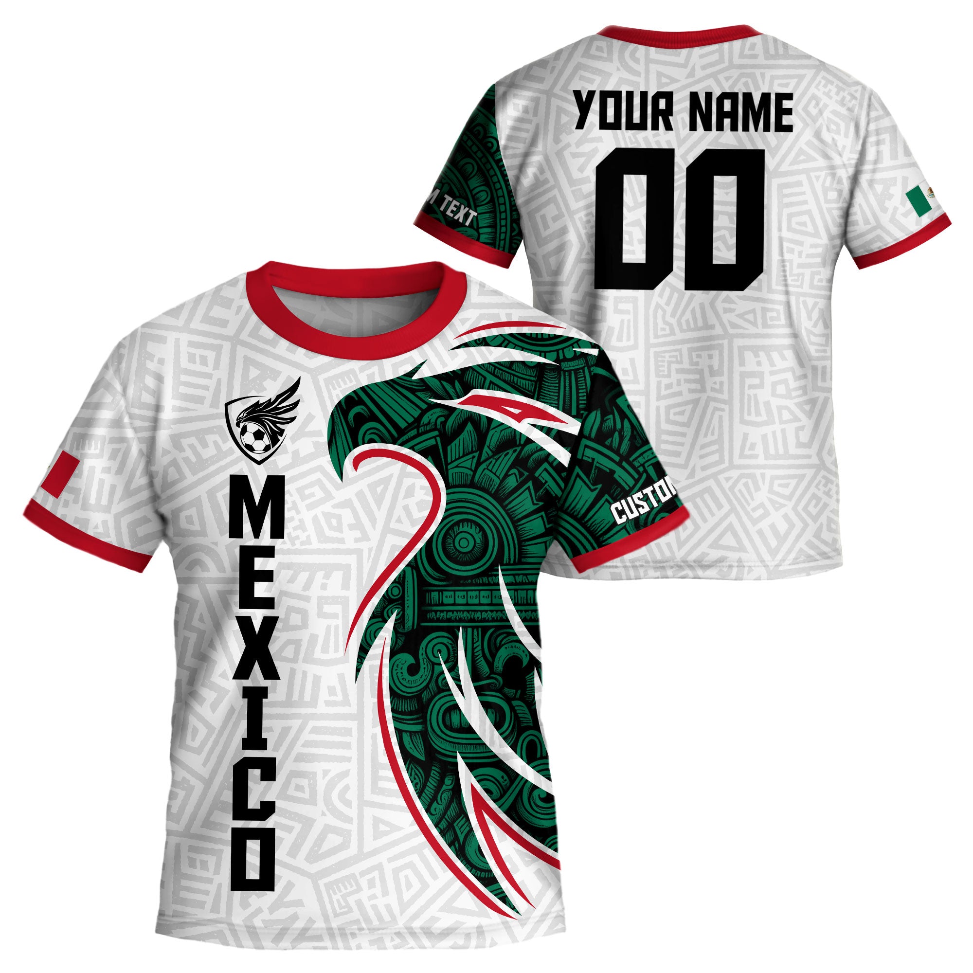 Custom Mexico Kids Soccer Jersey White Green Red Aztec Eagle Design