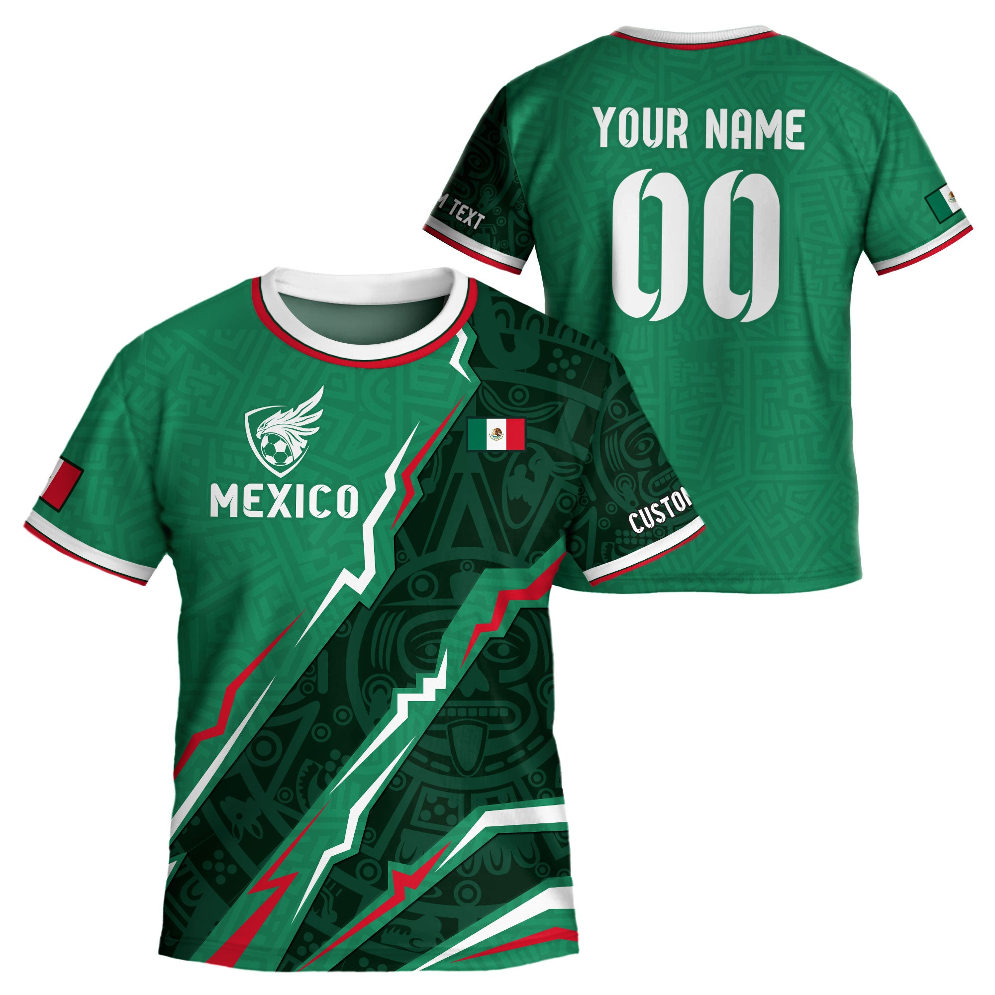 Custom Mexico Kids Soccer Jersey Green Flag Colors Aztec Pattern Design