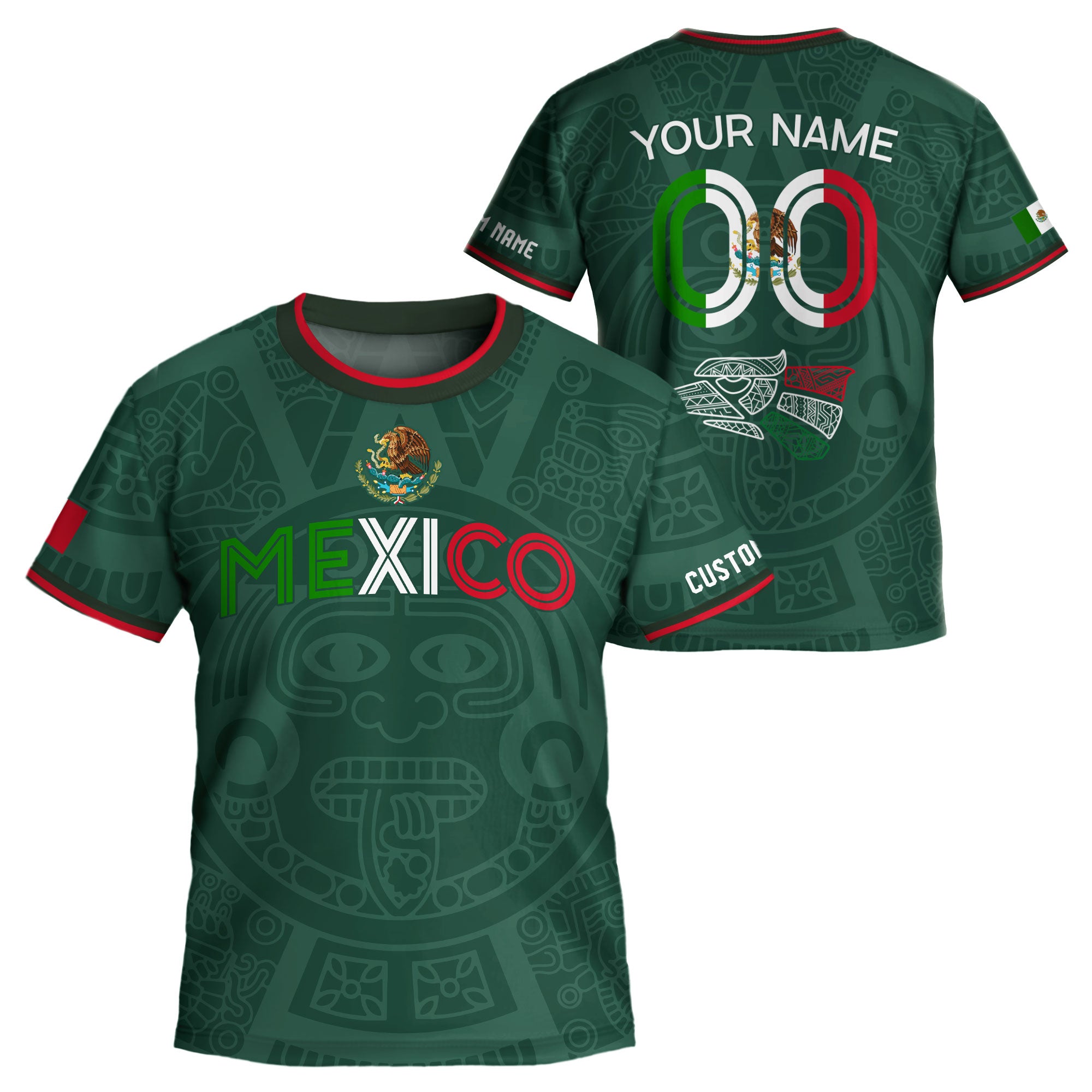Custom Mexico Kids Soccer Jersey Green Heritage Flag Aztec Pattern Design