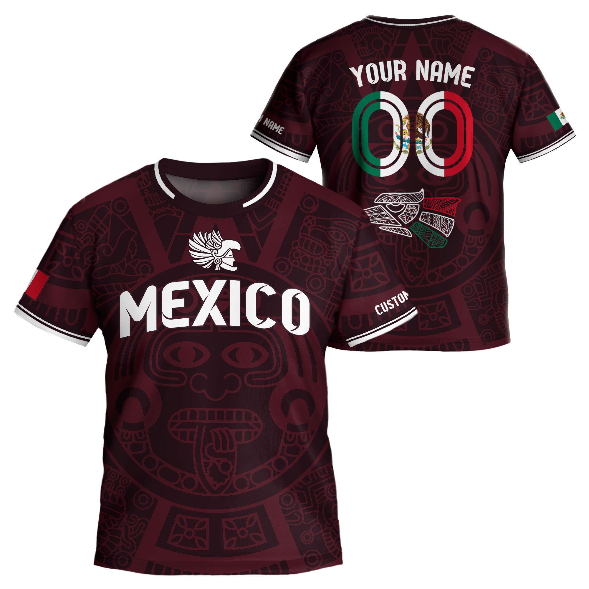 Custom Mexico Kids Soccer Jersey Burgundy Heritage Flag Aztec Pattern Design