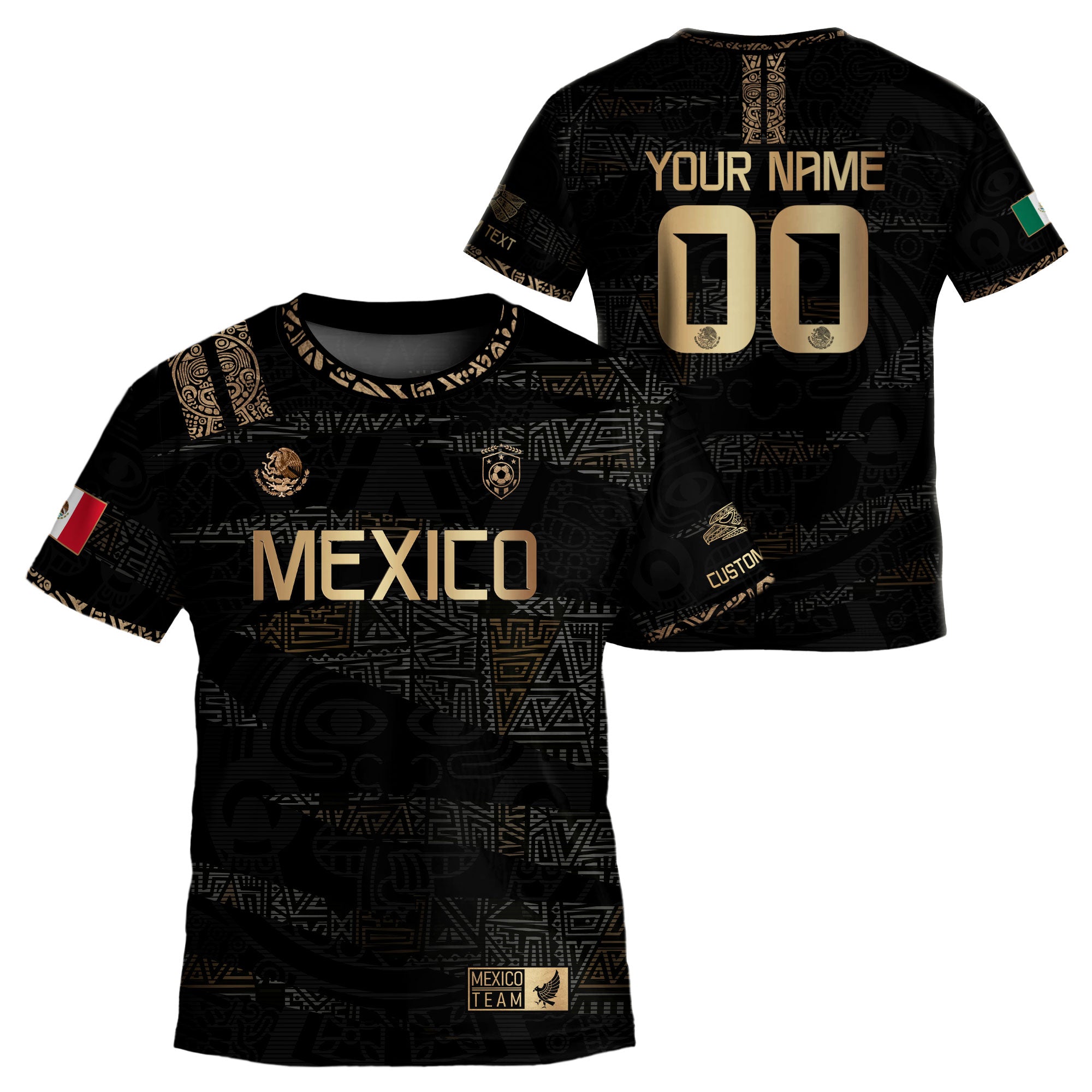 Custom Mexico Kids Soccer Jersey Black Gold Team Edition with Aztec Pattern
