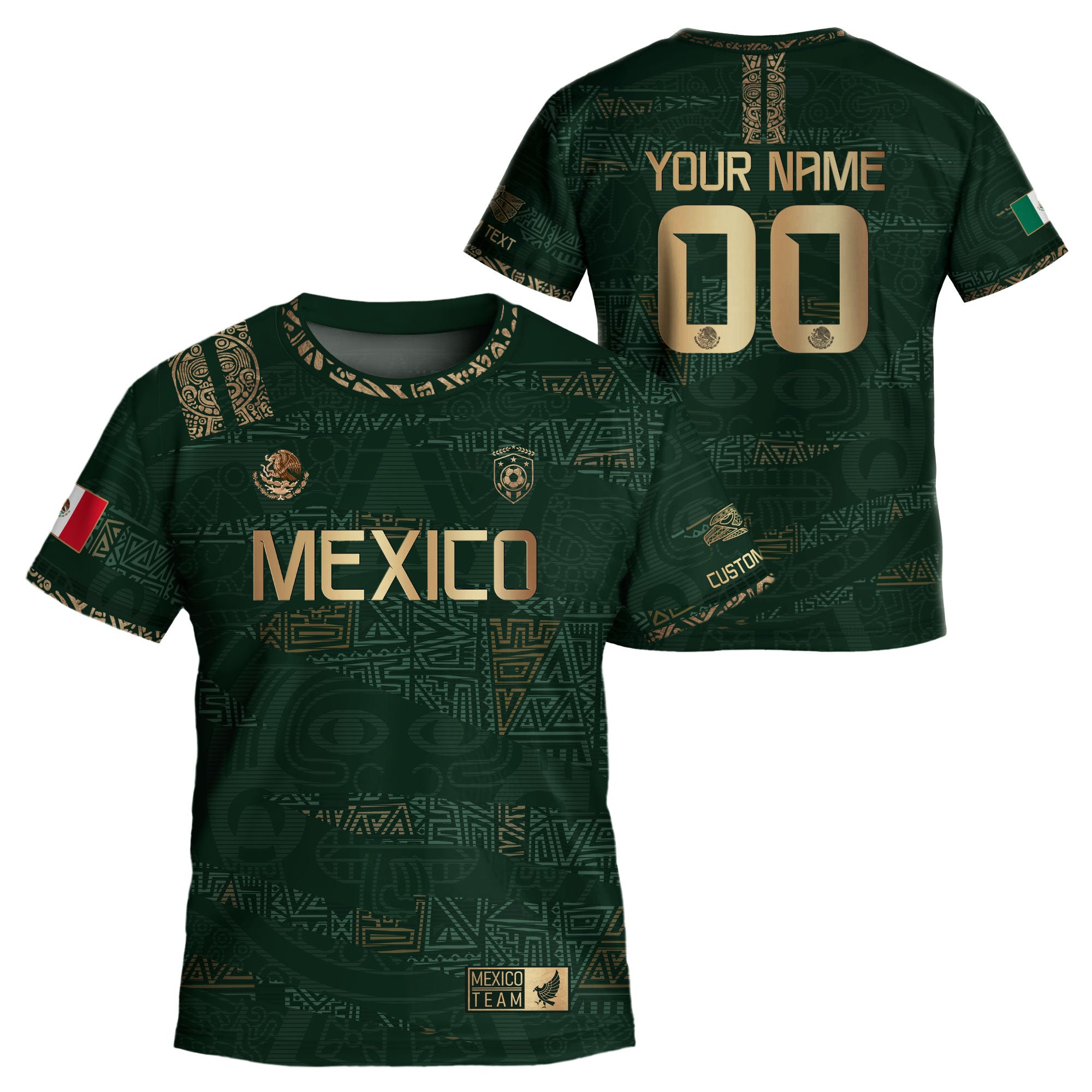 Custom Mexico Kids Soccer Jersey Green Gold Team Edition with Aztec Pattern Design