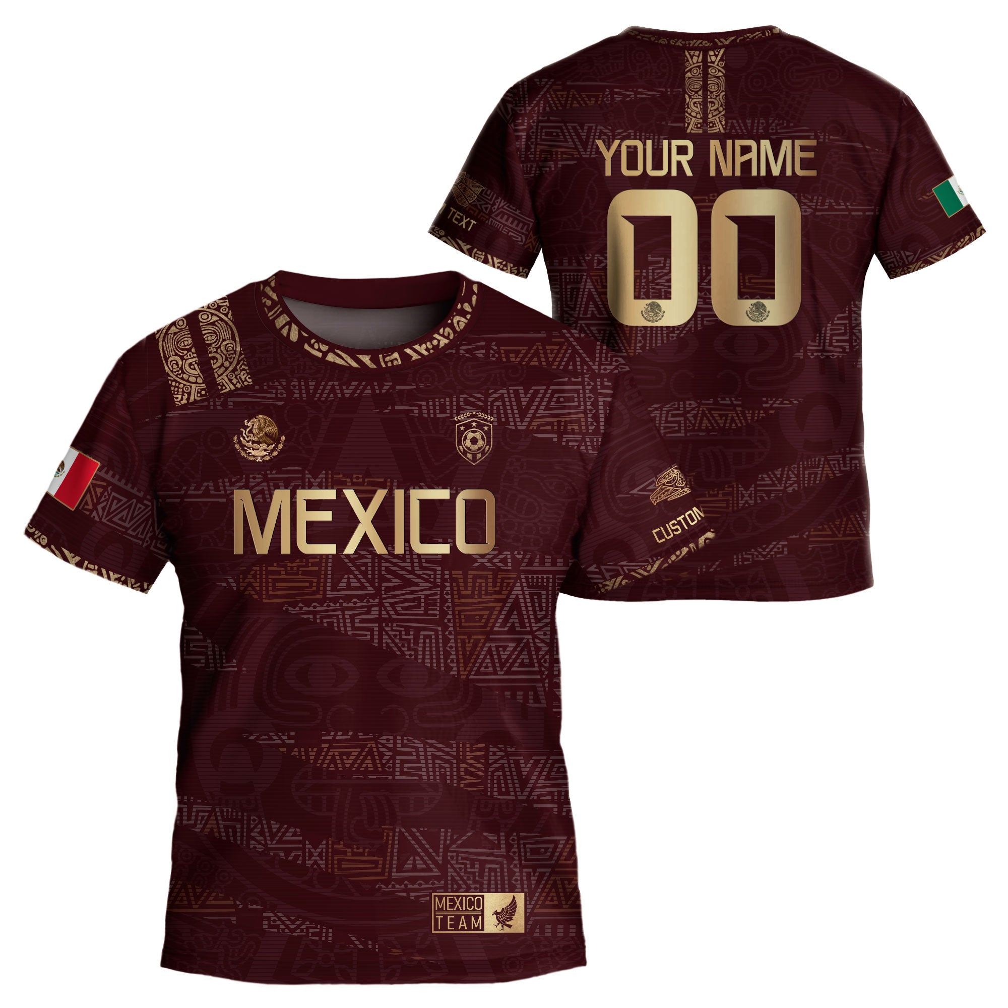Custom Mexico Kids Soccer Jersey Burgundy Gold Team Edition with Aztec Pattern Design