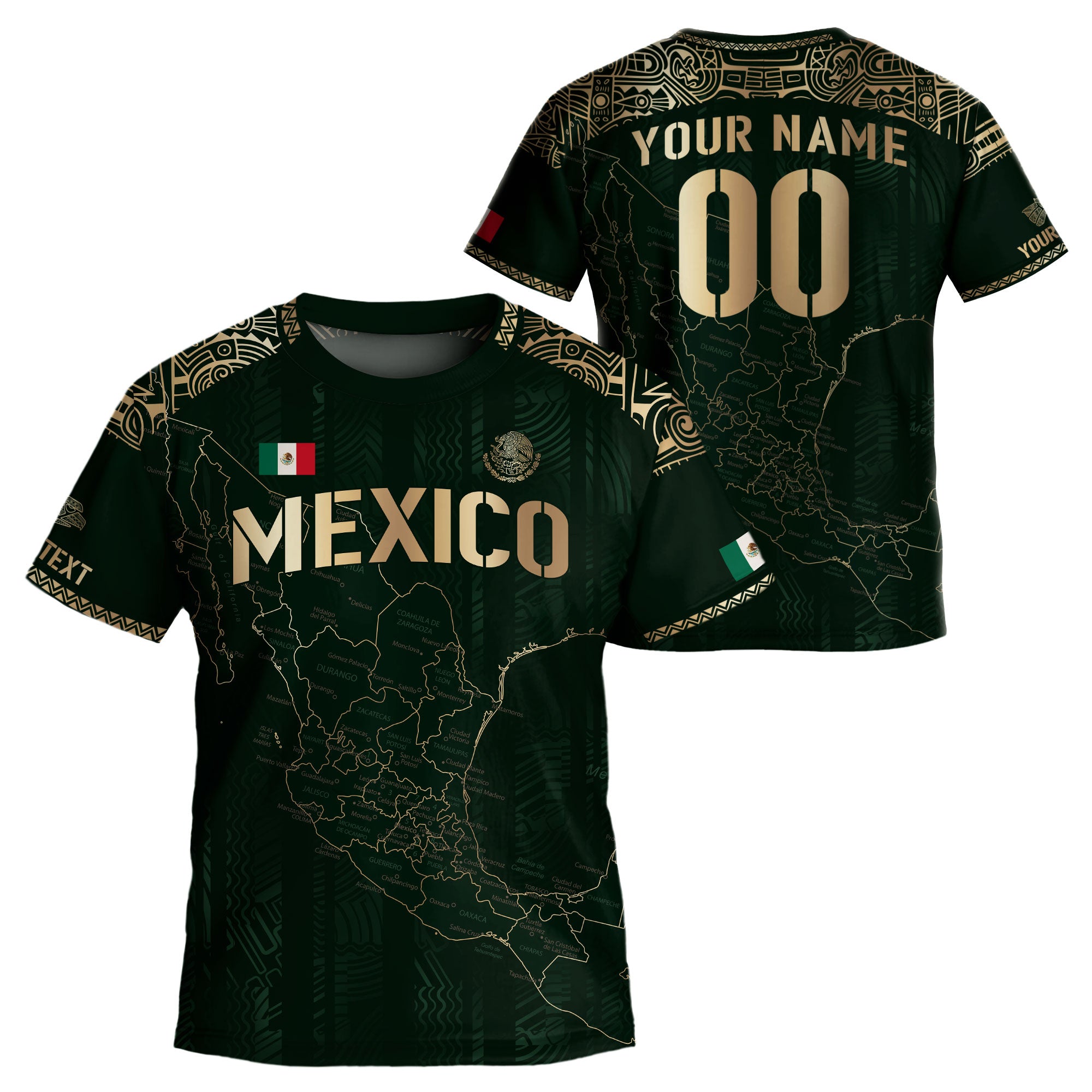 Custom Mexico Kids Soccer Jersey Green Gold Heritage Map Design