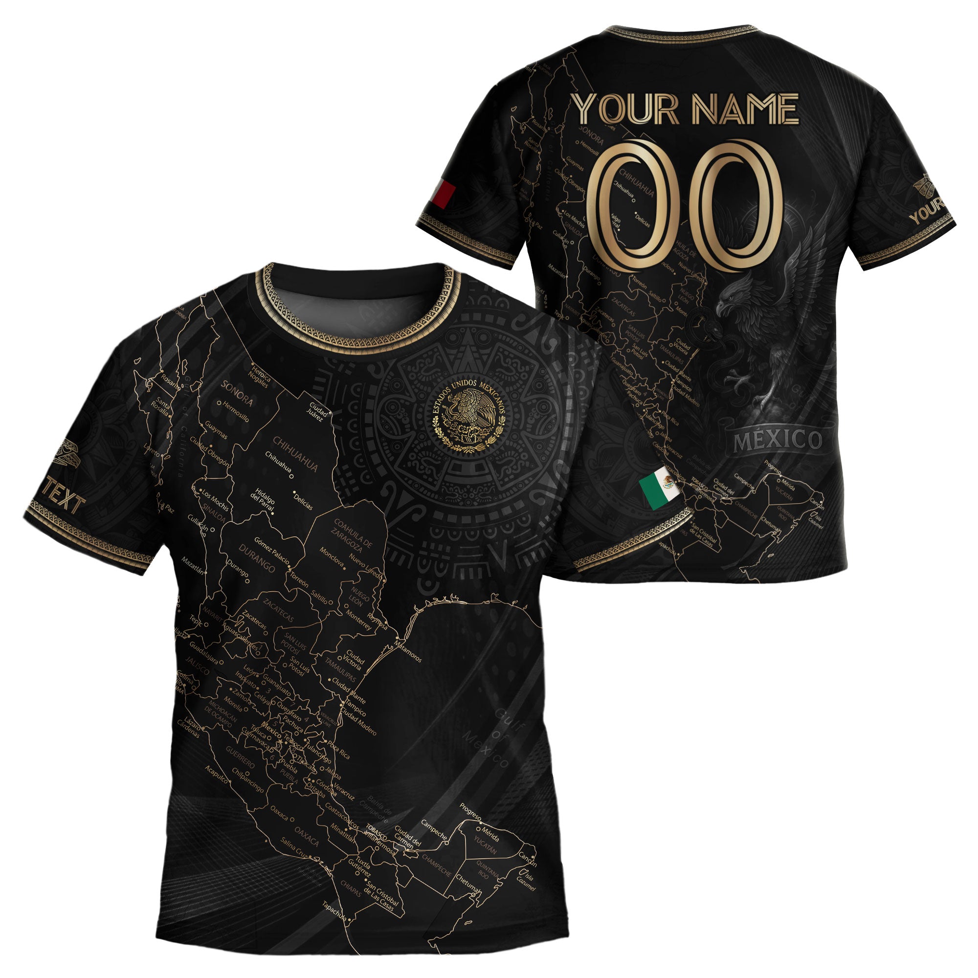Custom Mexico Kids Soccer Jersey Black Gold Heritage Map Design