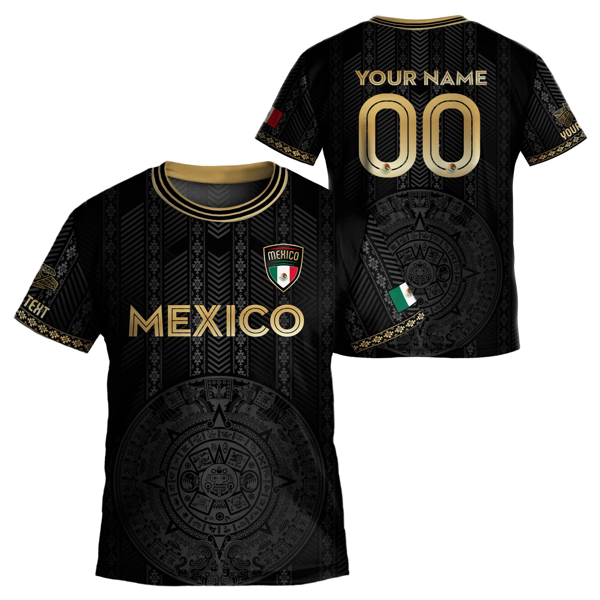 Custom Mexico Kids Soccer Jersey Black Gold Aztec Calendar Design