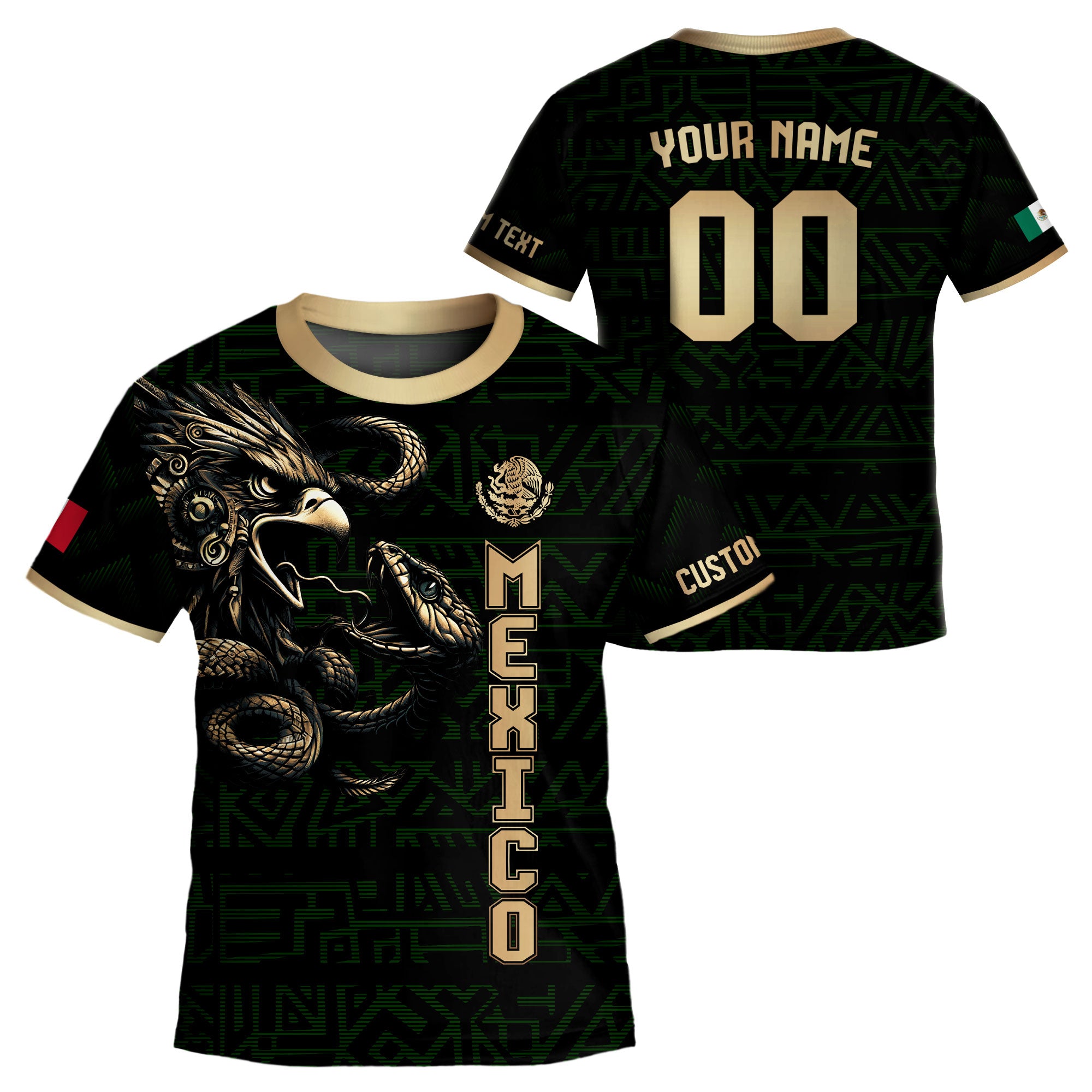 Custom Mexico Kids Soccer Jersey Black Gold Aztec Eagle & Serpent Design