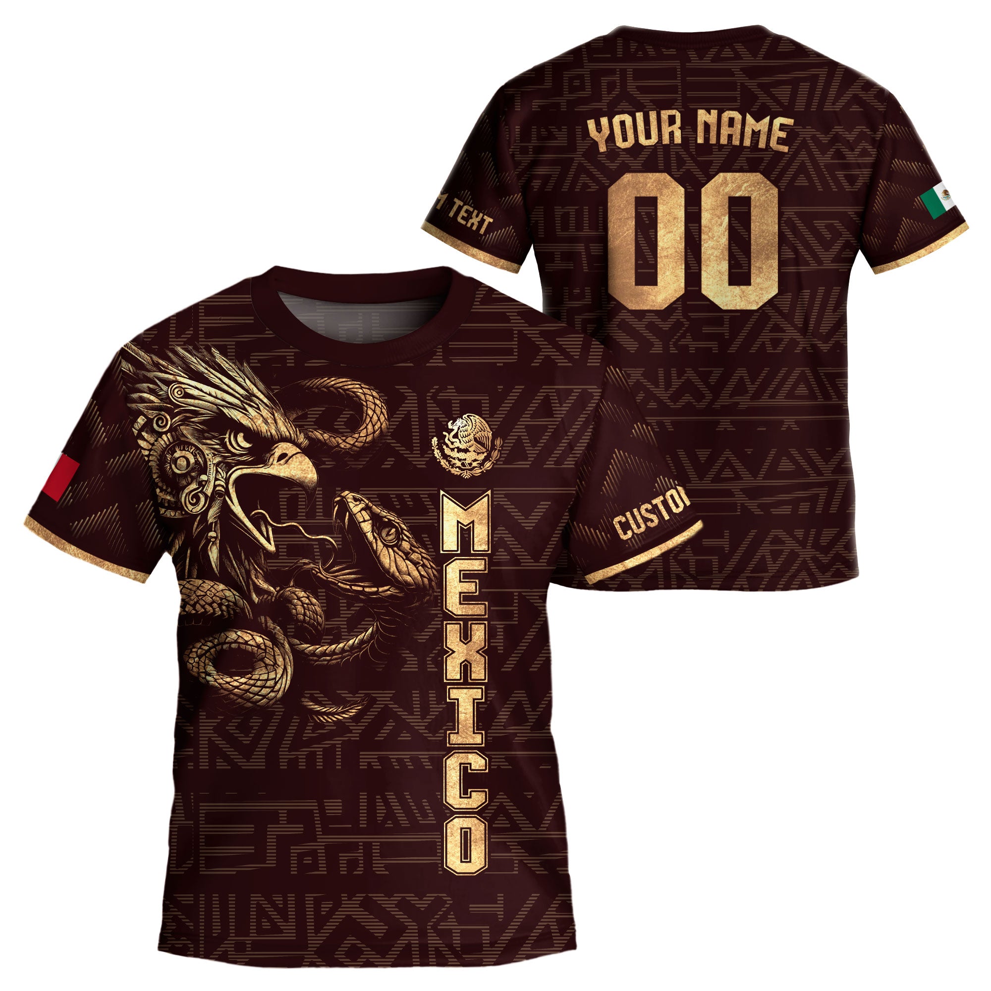 Custom Mexico Kids Soccer Jersey Burgundy Gold Aztec Eagle & Serpent Design