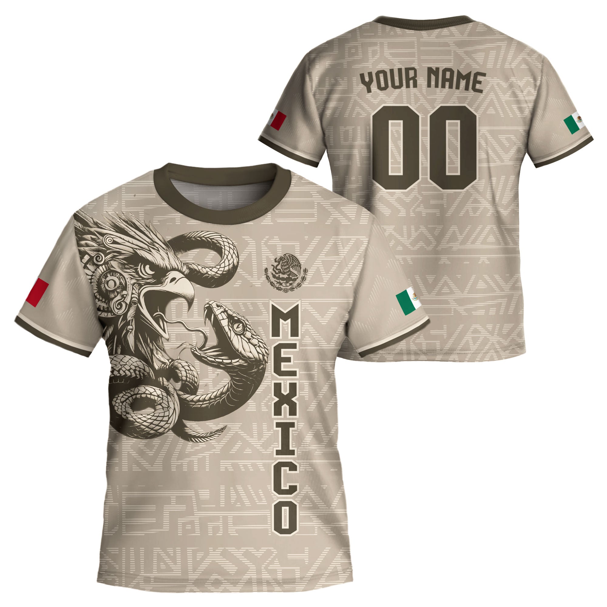 Custom Mexico Kids Soccer Jersey Beige Aztec Eagle & Serpent Heritage Design