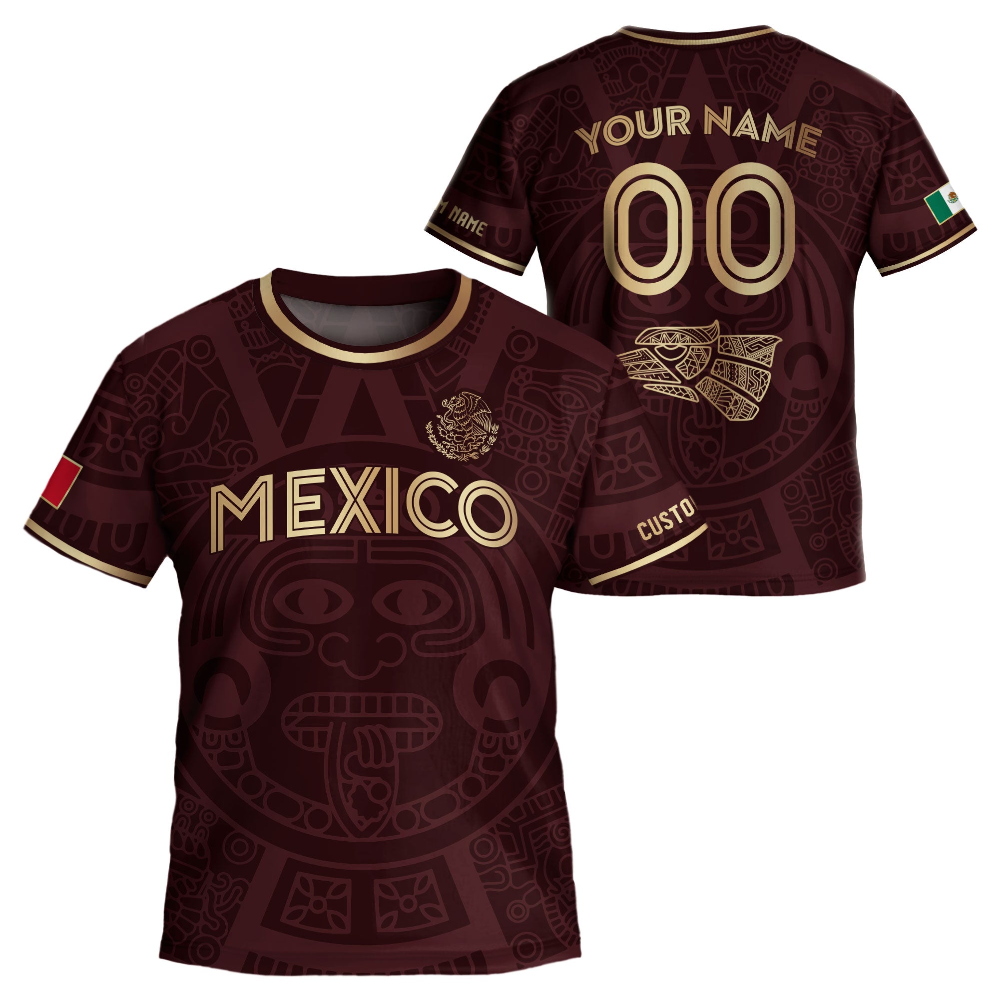 Custom Mexico Kids Soccer Jersey Burgundy Gold Aztec Calendar Heritage Design