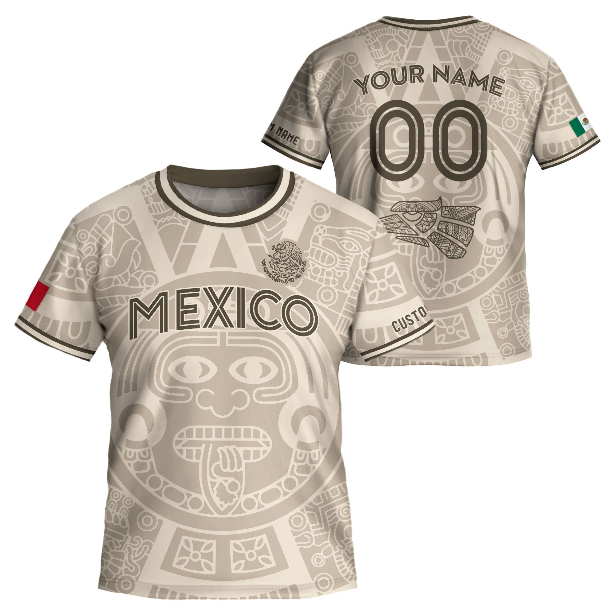 Custom Mexico Kids Soccer Jersey Beige Aztec Calendar Heritage Design