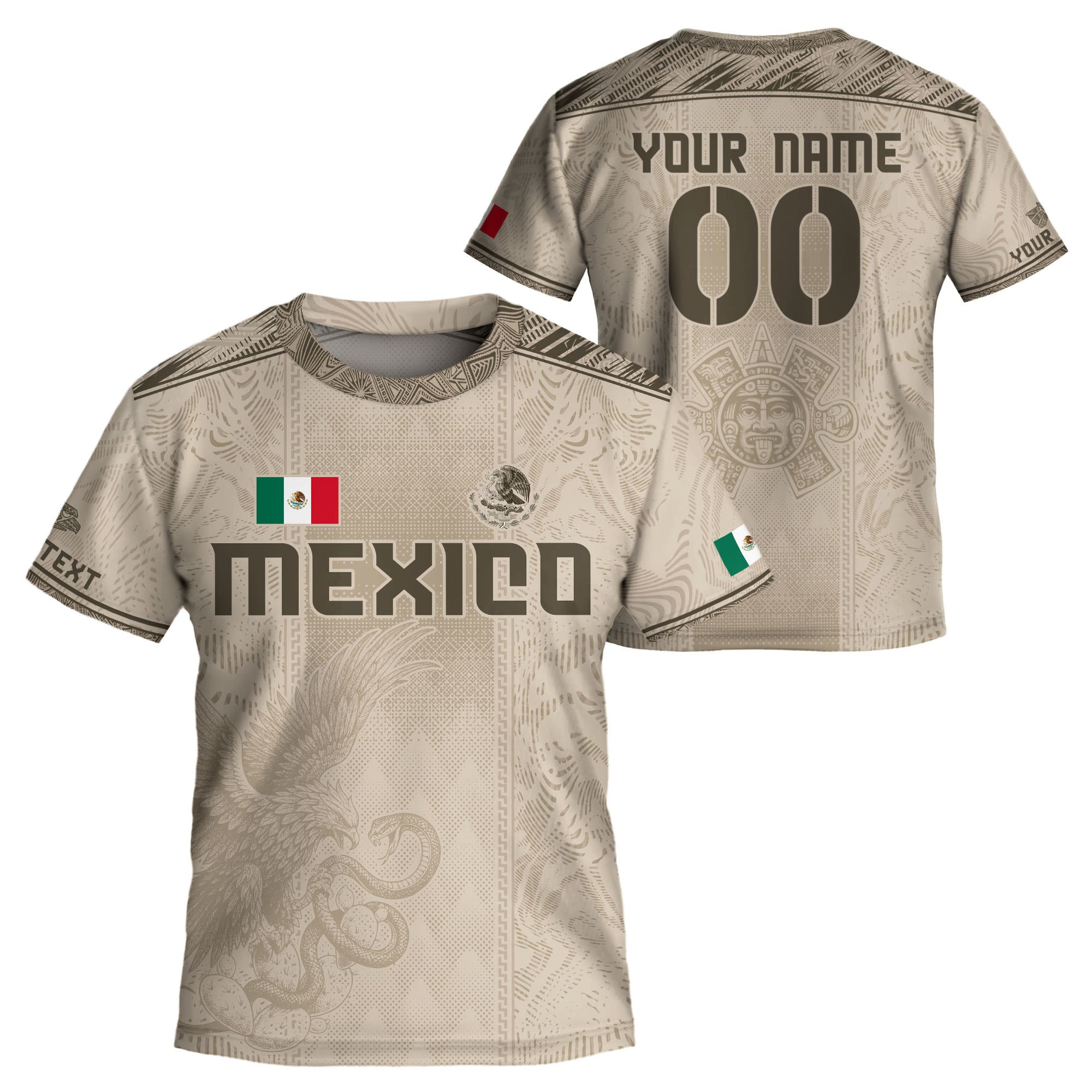 Custom Kids Mexico Soccer Jersey Beige Aztec Eagle Design