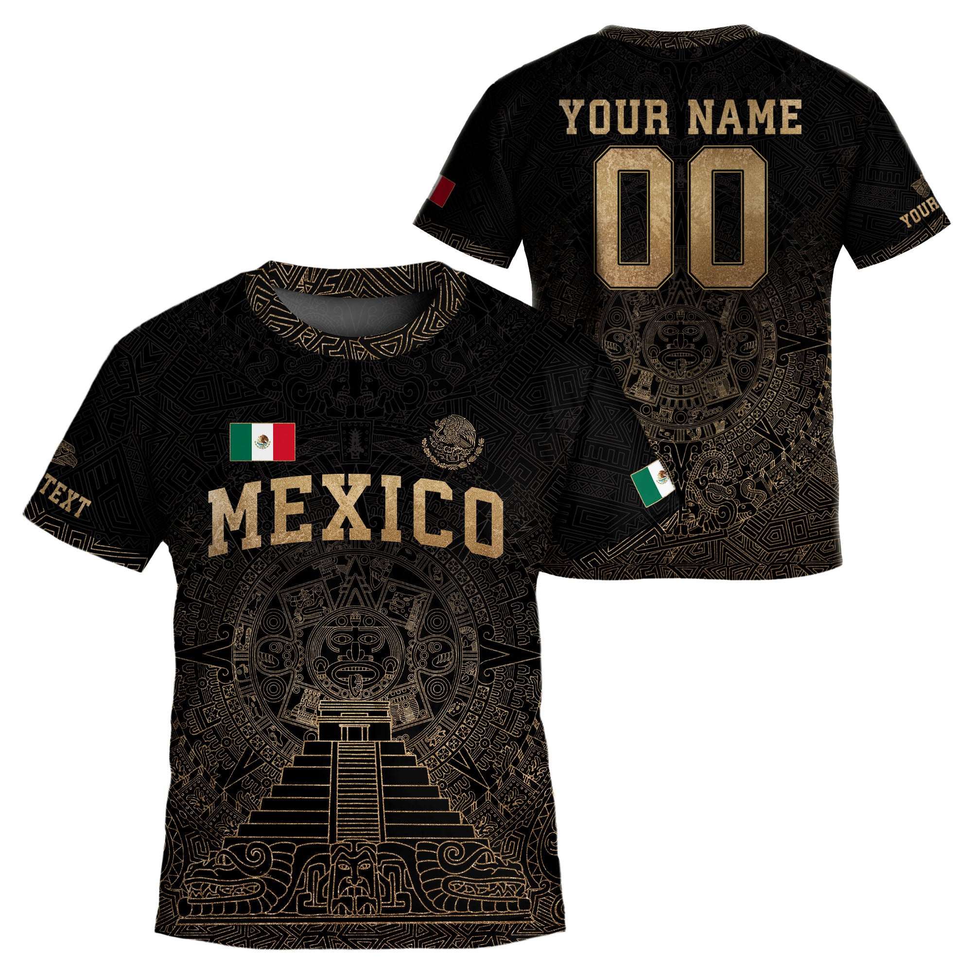 Custom Kids Mexico Soccer Jersey Black Gold Aztec Temple Design