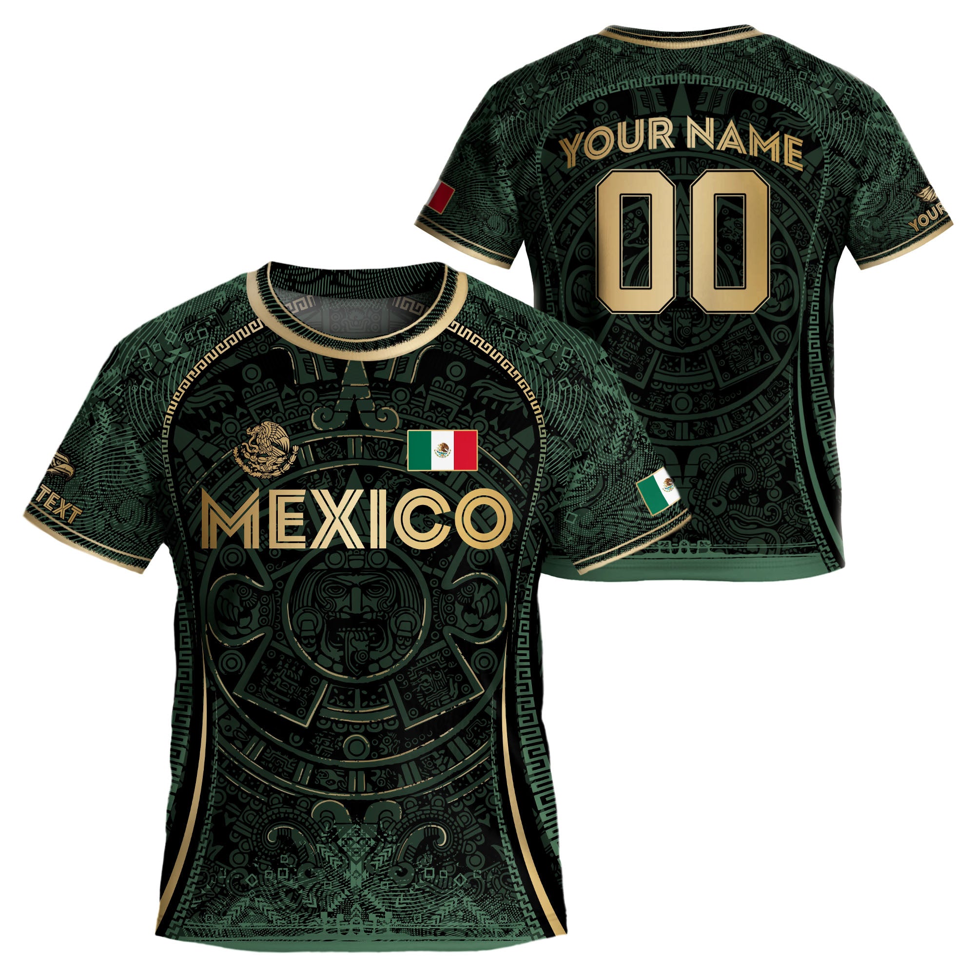 Custom Kids Mexico Soccer Jersey Dark Green Gold Aztec Calendar Design