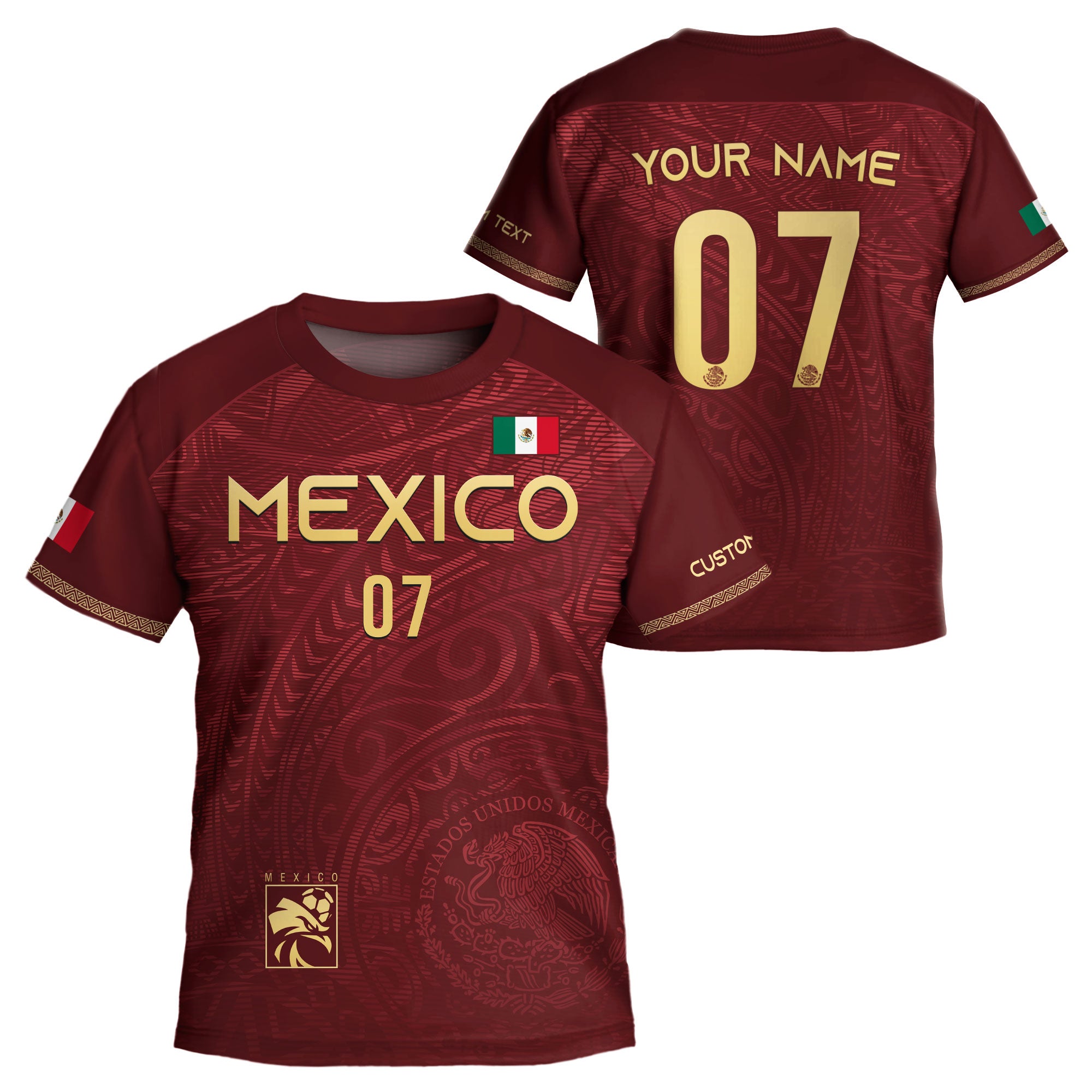 Custom Kids Mexico Soccer Jersey Burgundy Gold Eagle Design