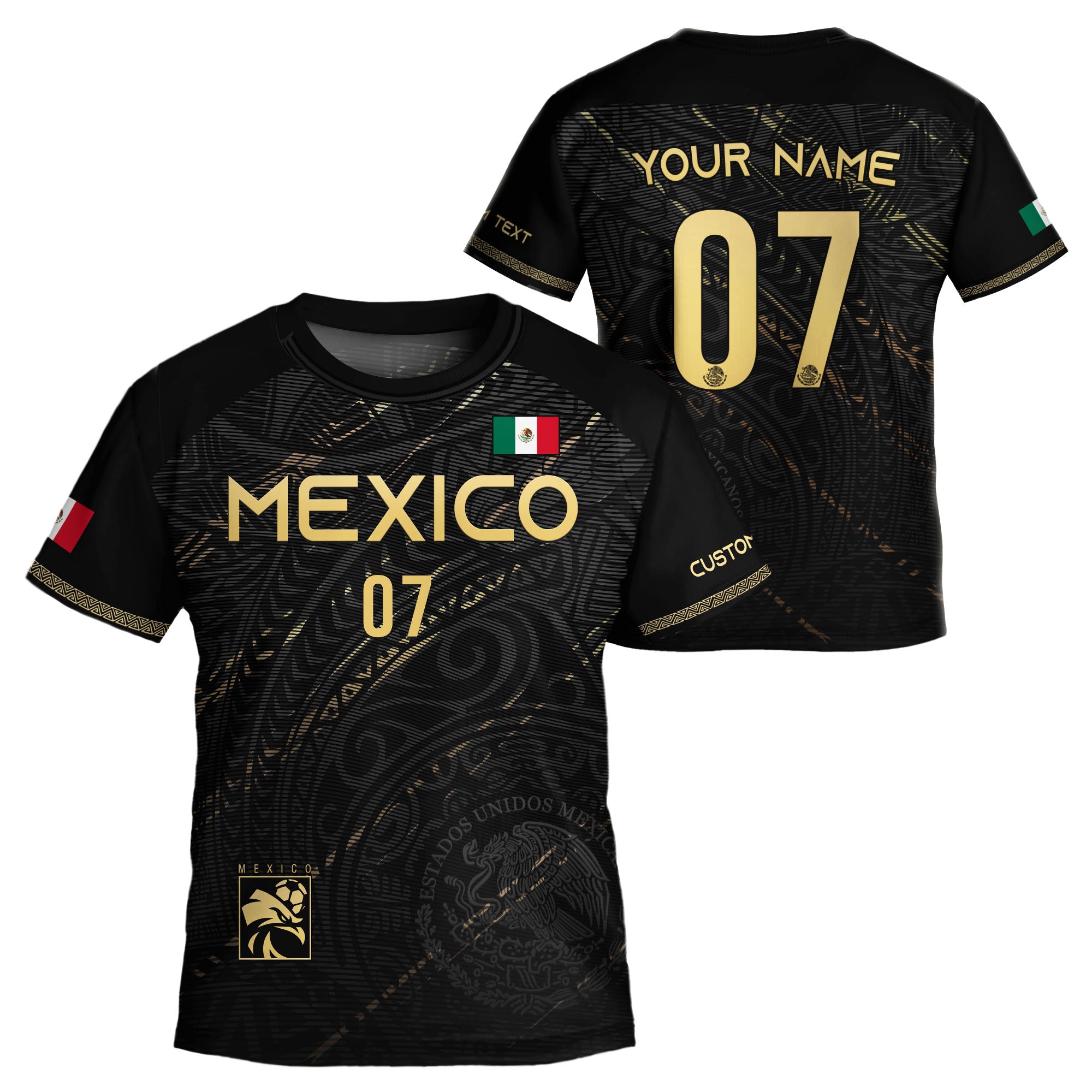 Custom Kids Mexico Soccer Jersey Black Gold Heritage Pattern Design