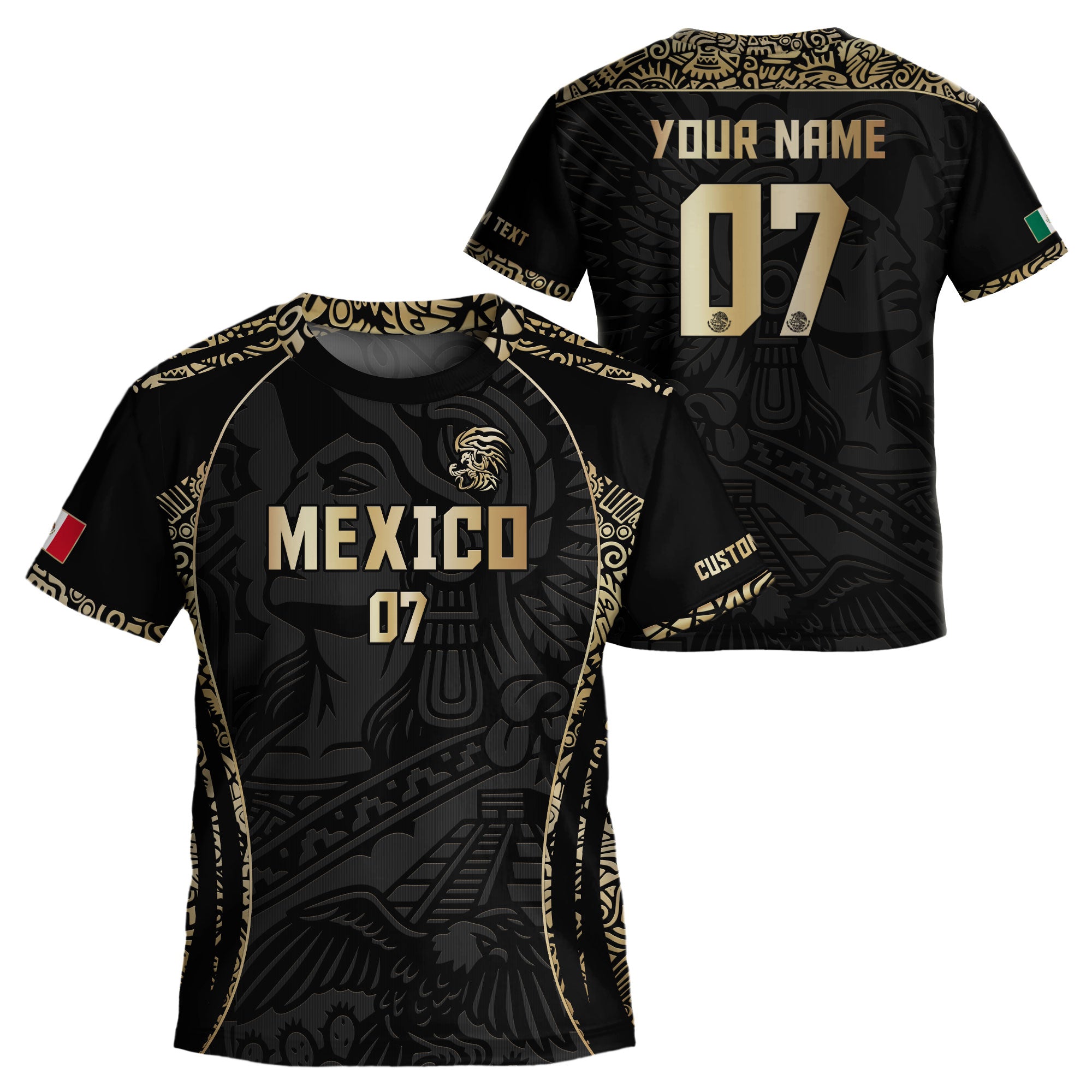 Custom Kids Mexico Soccer Jersey Black Gold Aztec Eagle Design