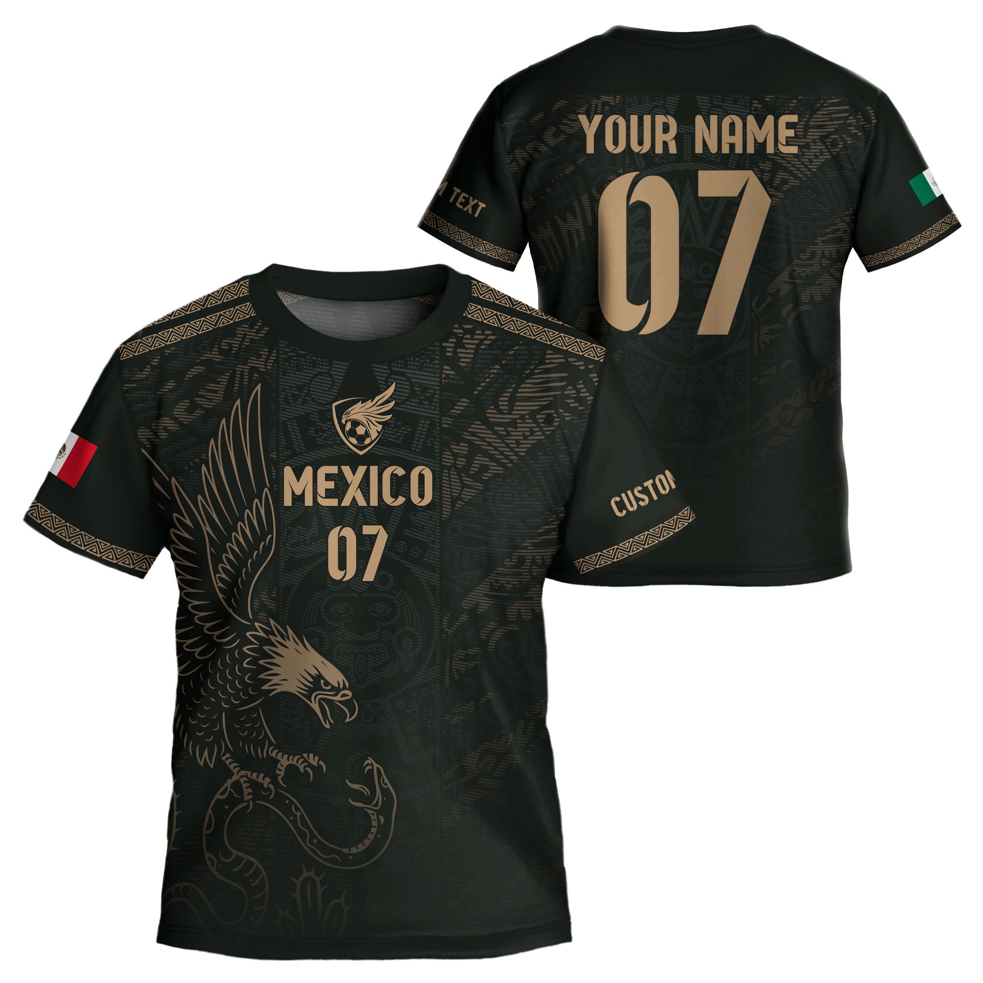 Custom Kid Mexico Black Aztec Eagle Heritage Soccer Jersey