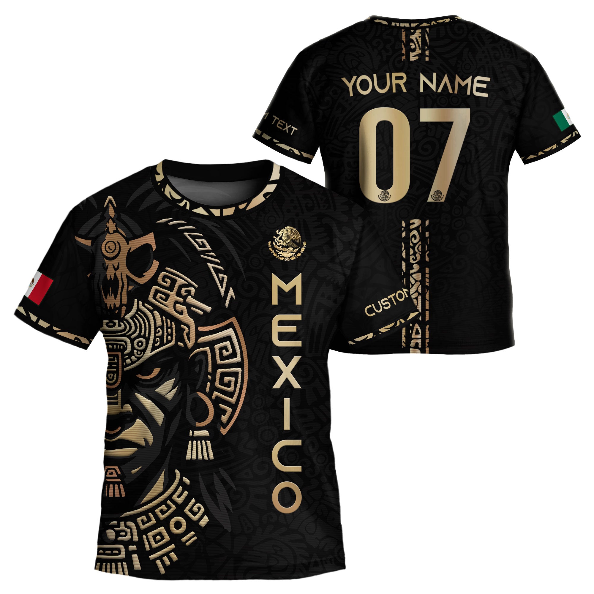 Custom Kid Mexico Aztec Warrior Heritage Black Gold Soccer Jersey