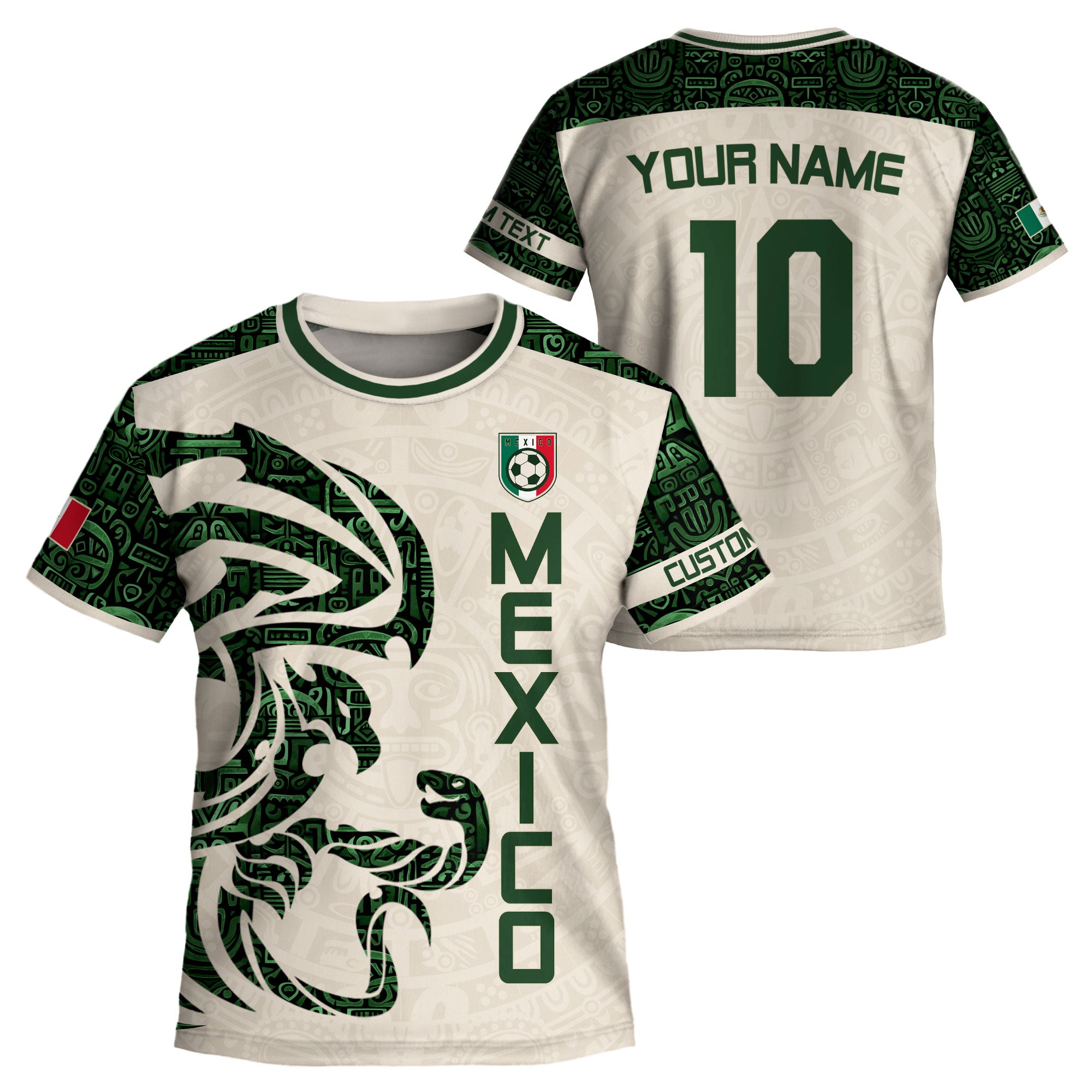 Custom Kid Mexico Beige Green Aztec Eagle Heritage Soccer Jersey