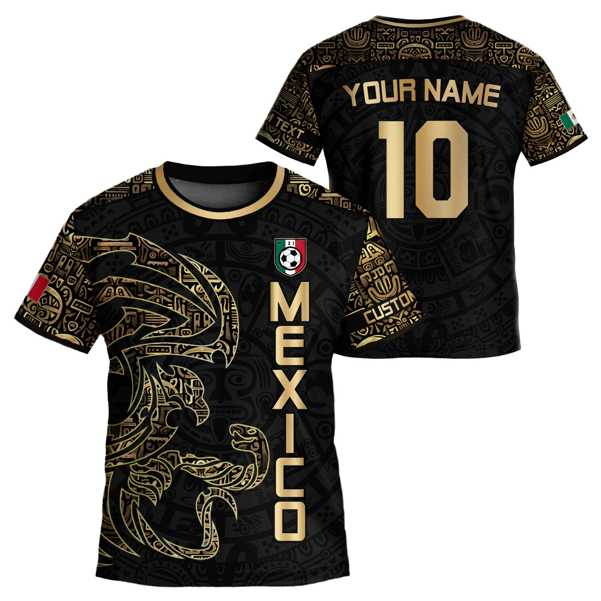 Custom Kid Mexico Black Gold Aztec Eagle Heritage Soccer Jersey