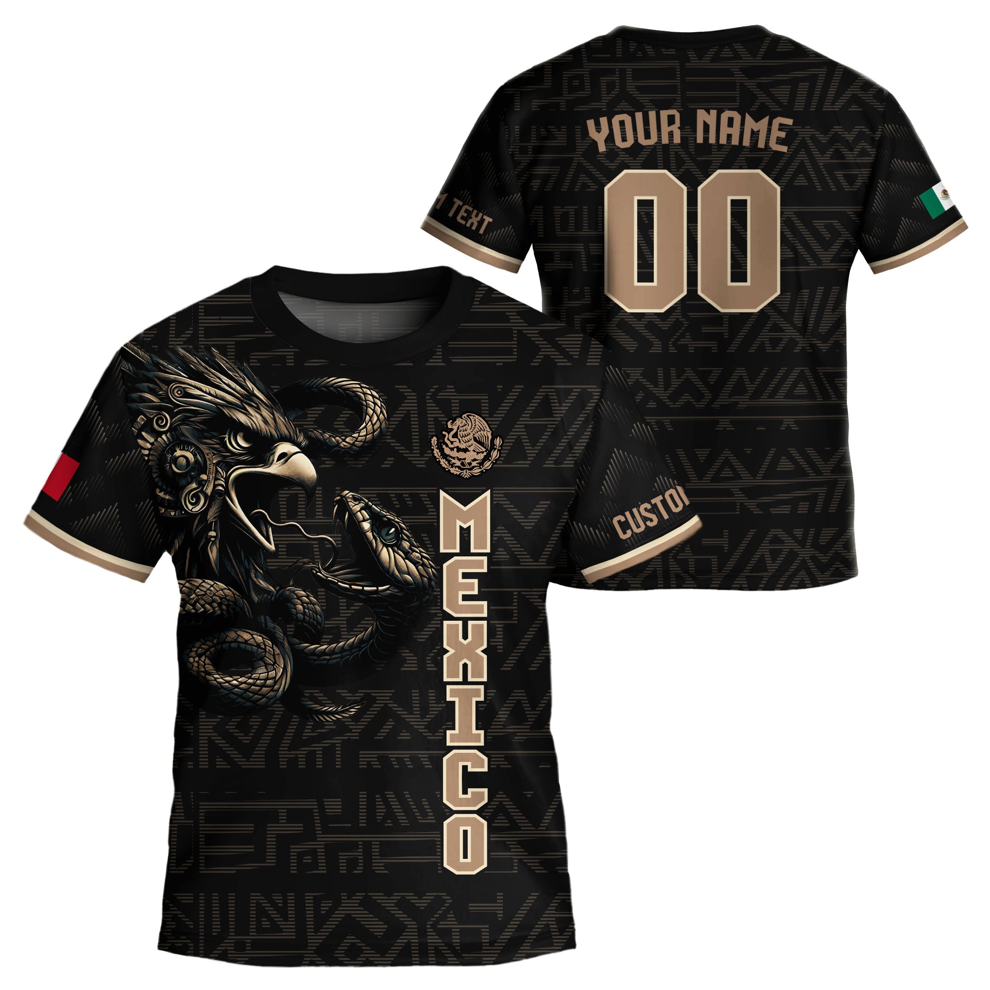 Custom Mexico Kids Soccer Jersey Black Gold Heritage Eagle Snake