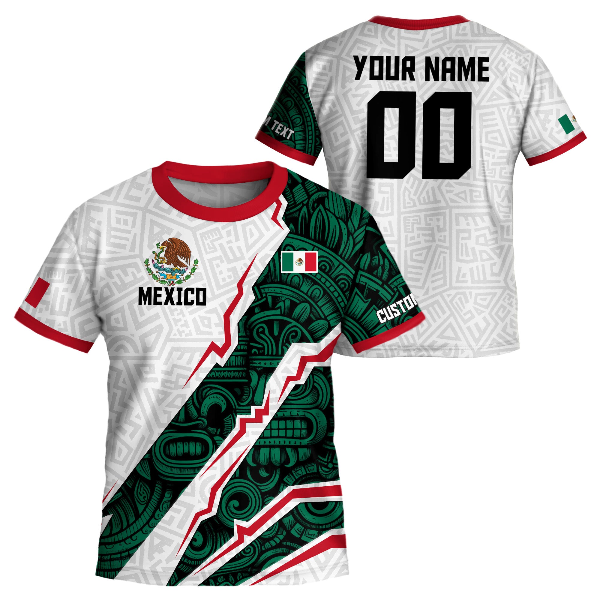 Custom Mexico Kids Soccer Jersey White Green Aztec Design