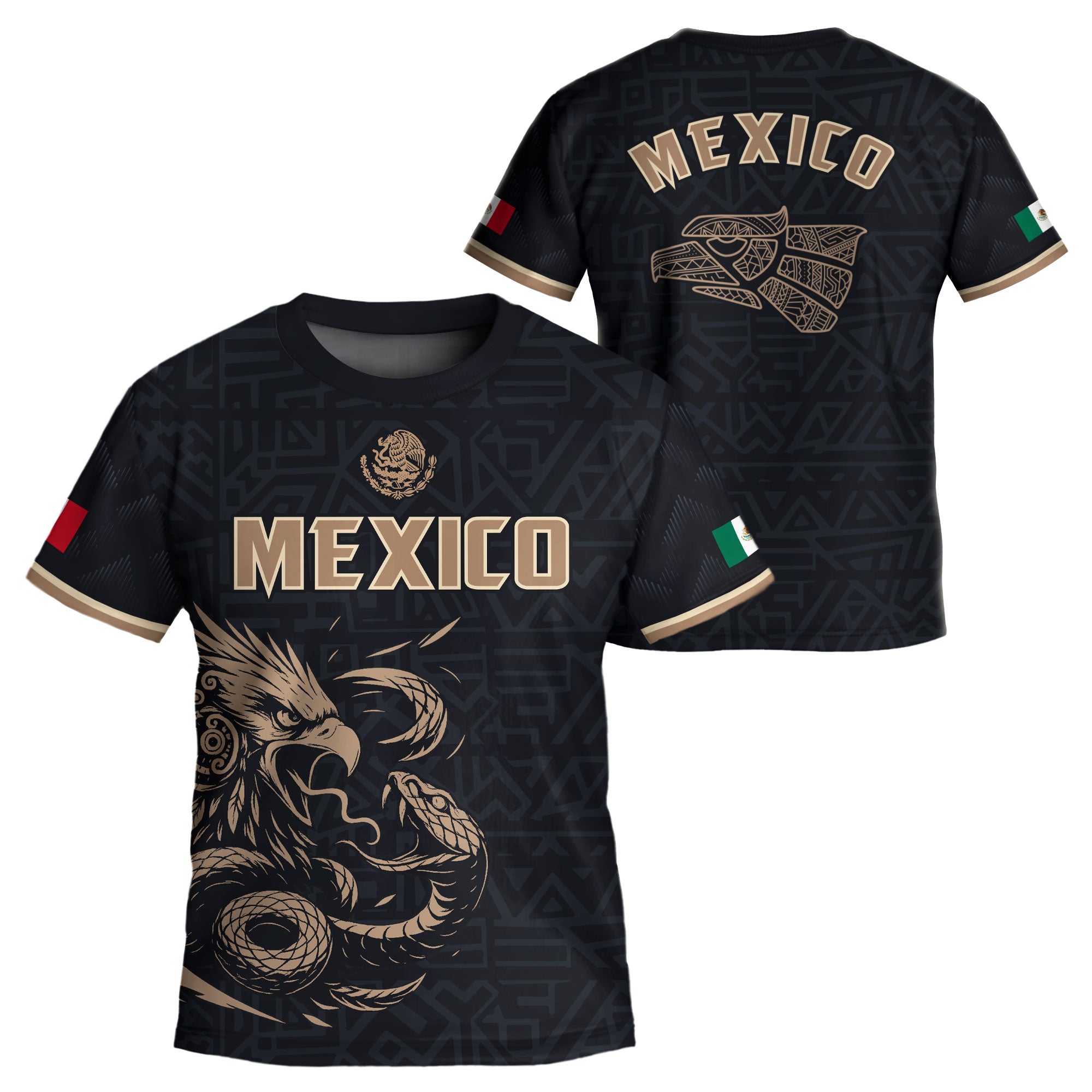 Mexico Kids Soccer Jersey Black Gold Aztec Eagle Serpent Design