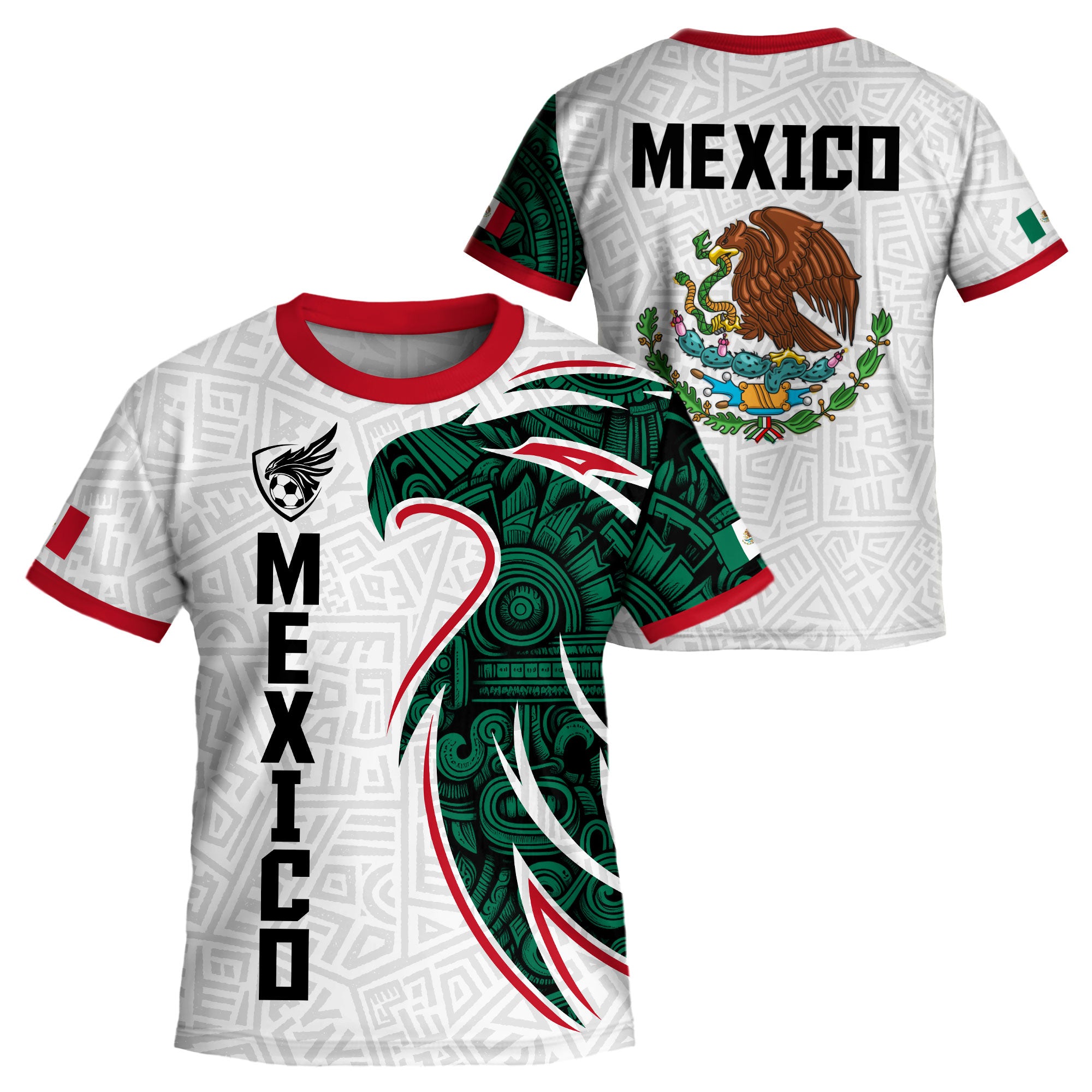 Mexico Kids Soccer Jersey White Green Aztec Eagle Design