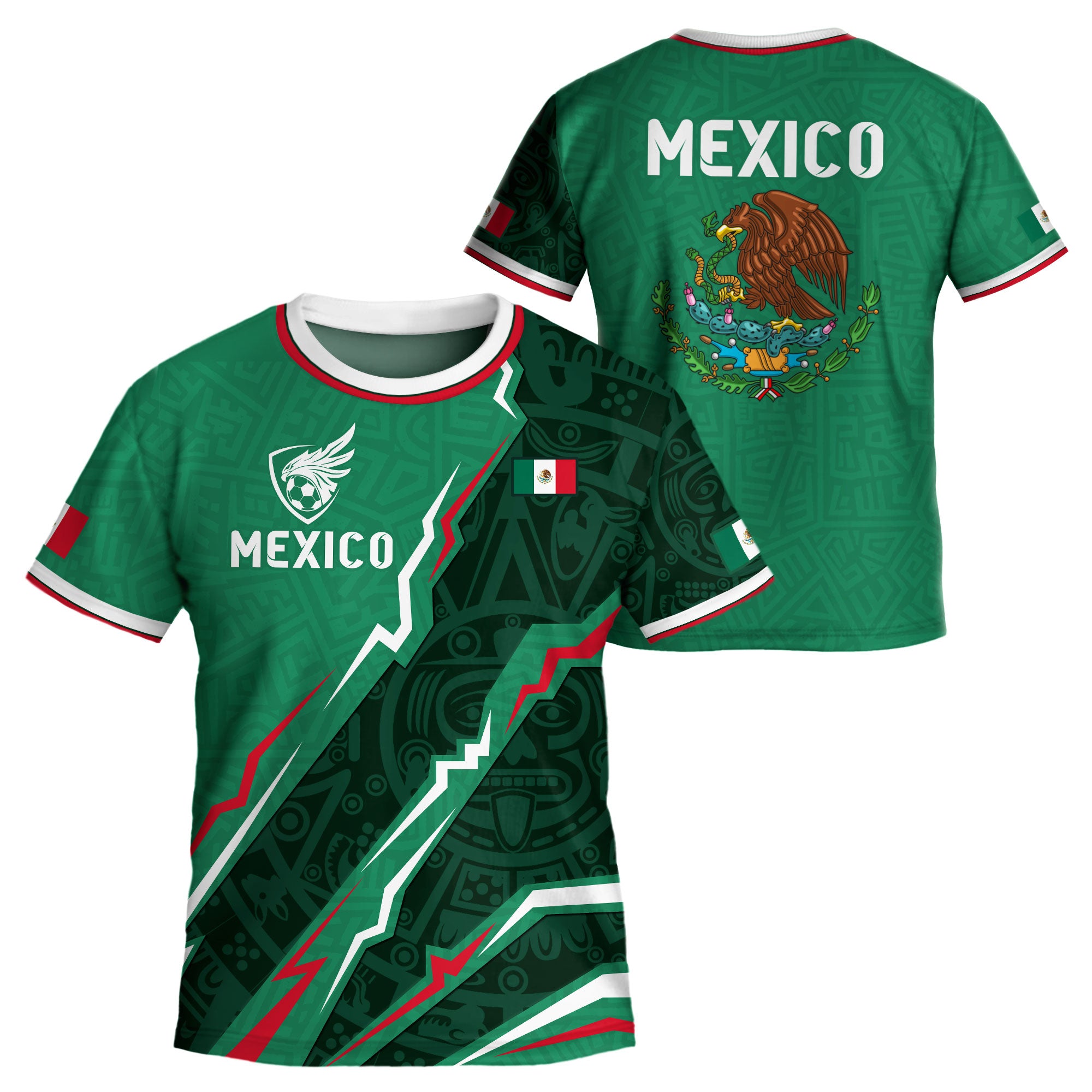 Mexico Kids Soccer Jersey Green Aztec Pattern Crest Design