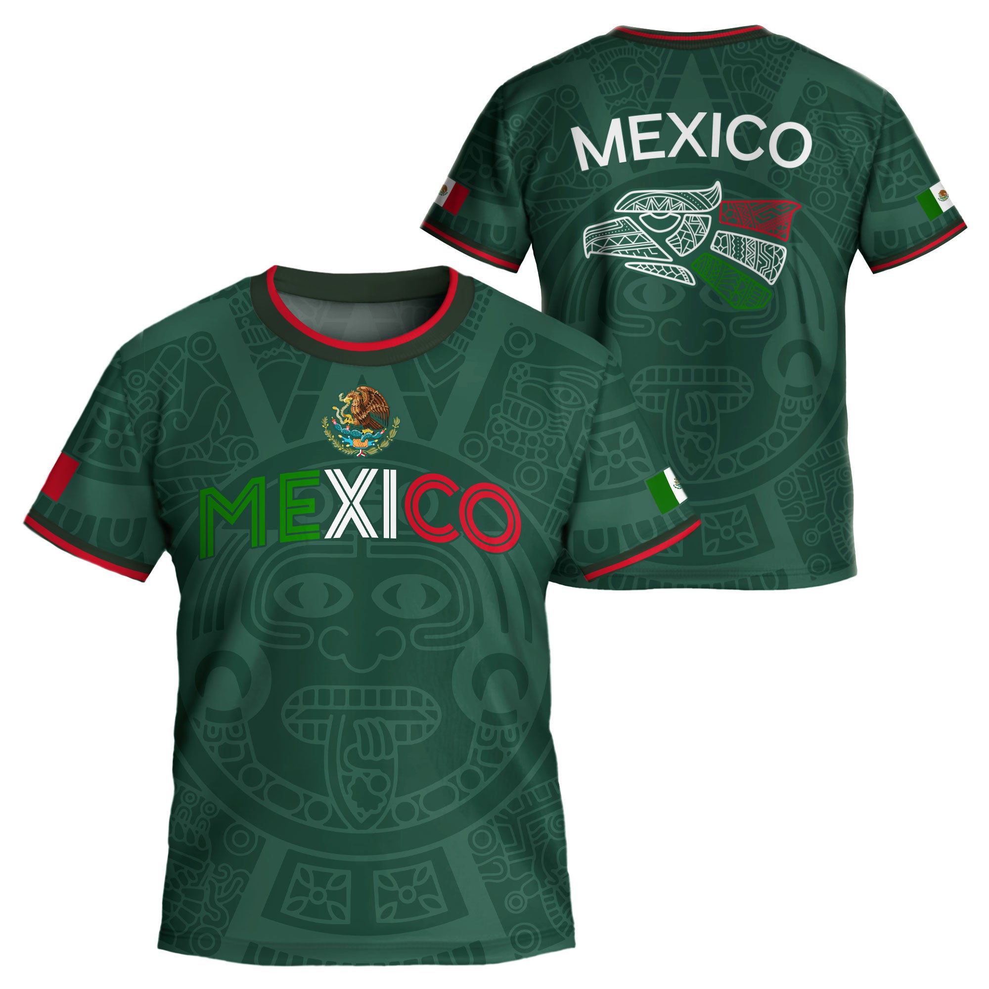 Mexico Kids Soccer Jersey Green Flag Colors Aztec Pattern Design