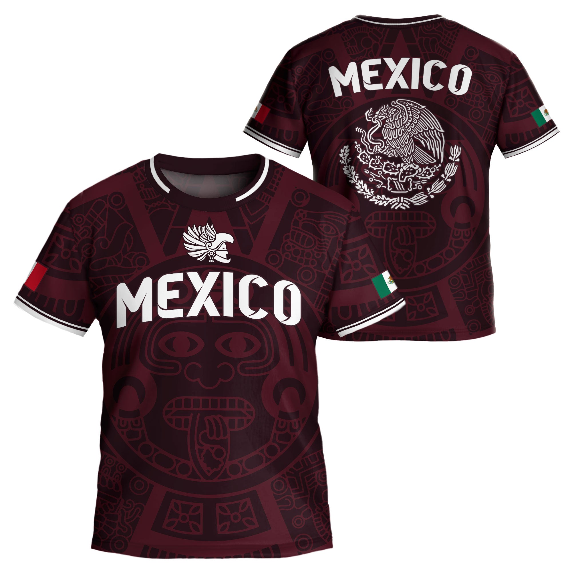 Mexico Kids Soccer Jersey Burgundy Aztec Pattern Crest Design