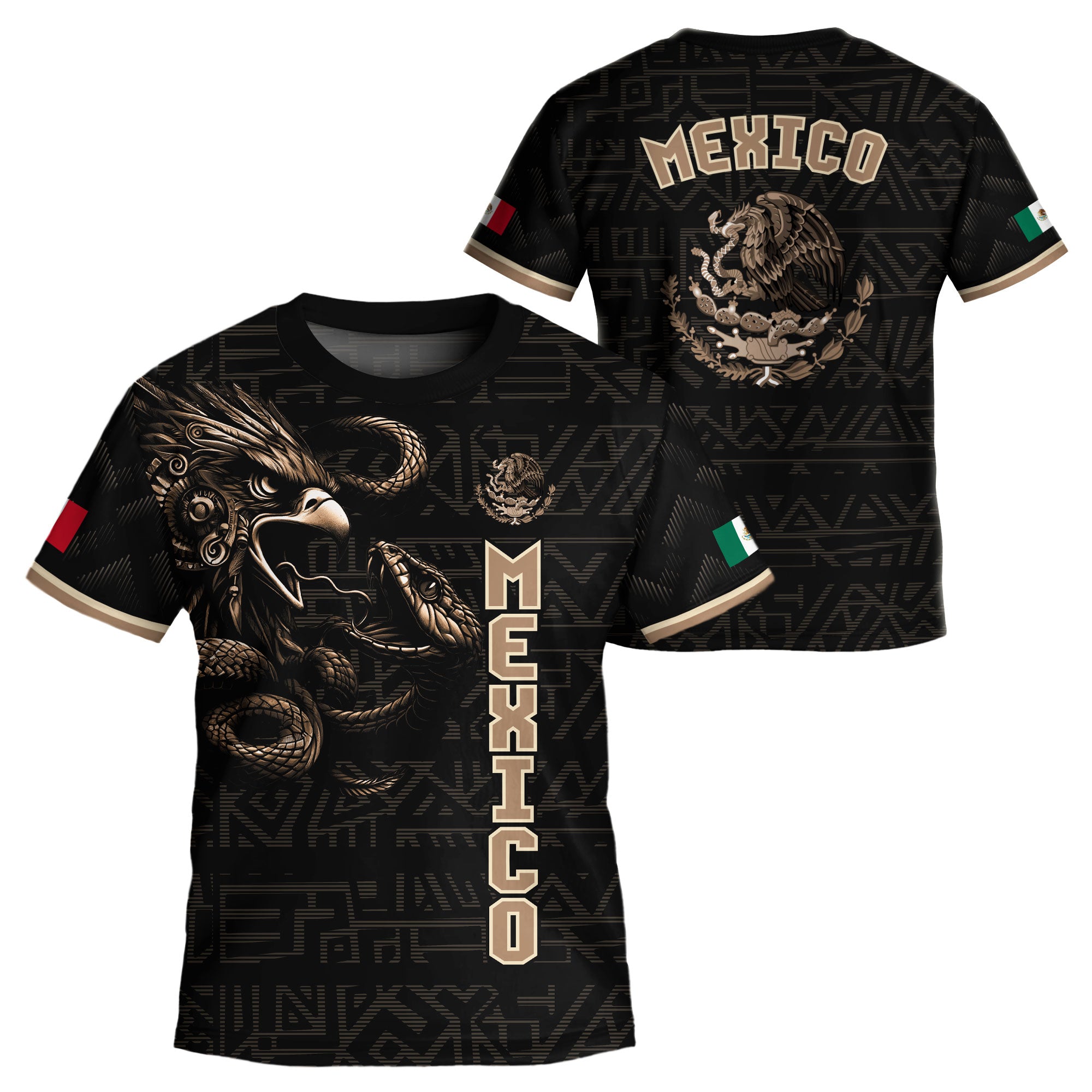 Mexico Kids Soccer Jersey Black Gold Aztec Warrior Eagle Design