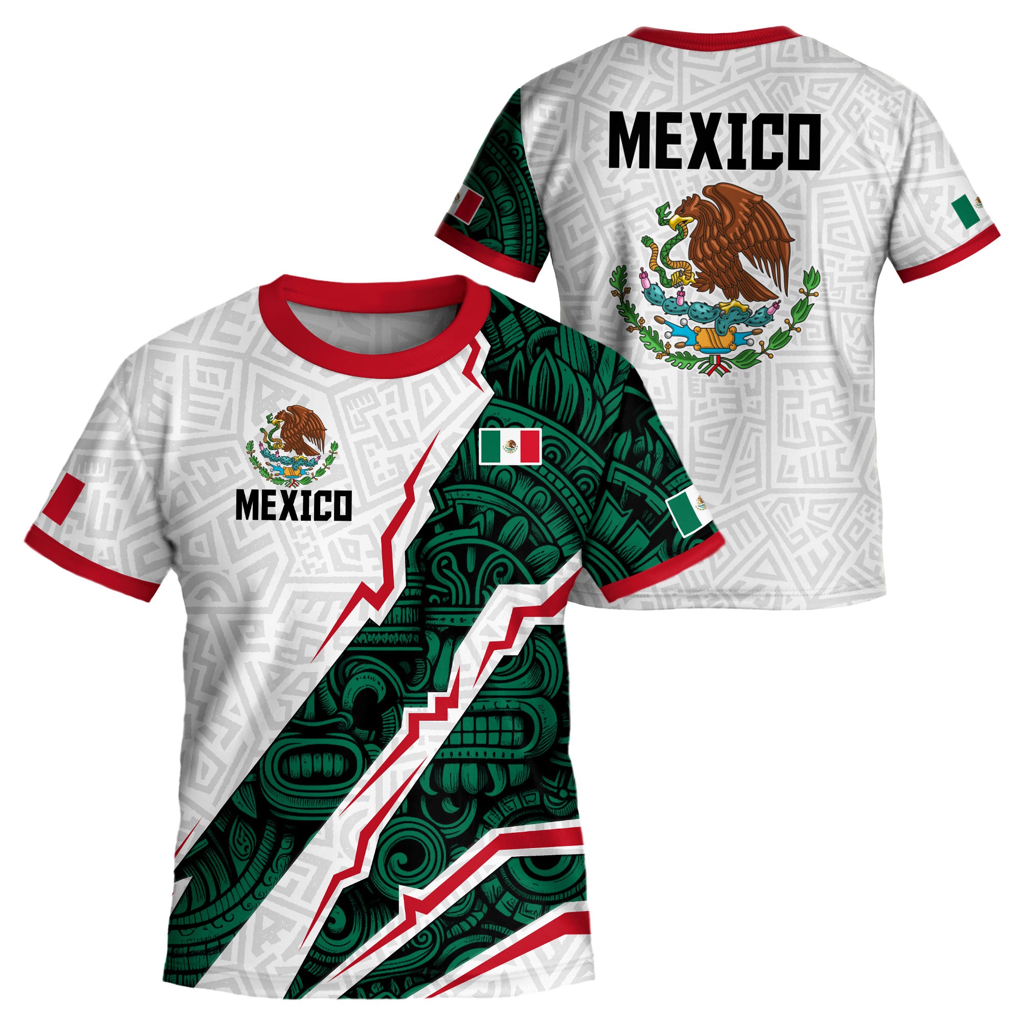 Mexico Kids Soccer Jersey White Green Aztec Pattern Flag Design
