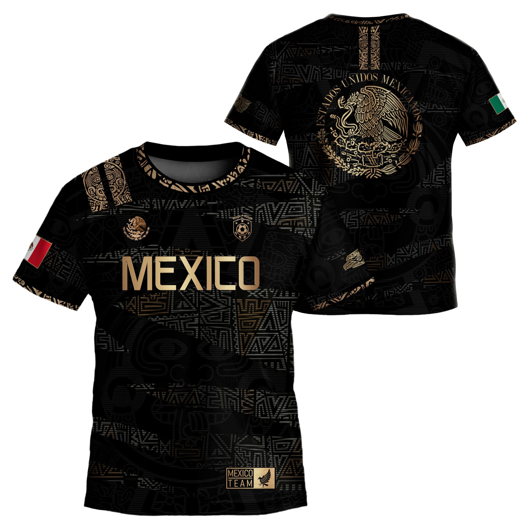 Mexico Kids Soccer Jersey Black Gold Aztec Pattern Crest Design