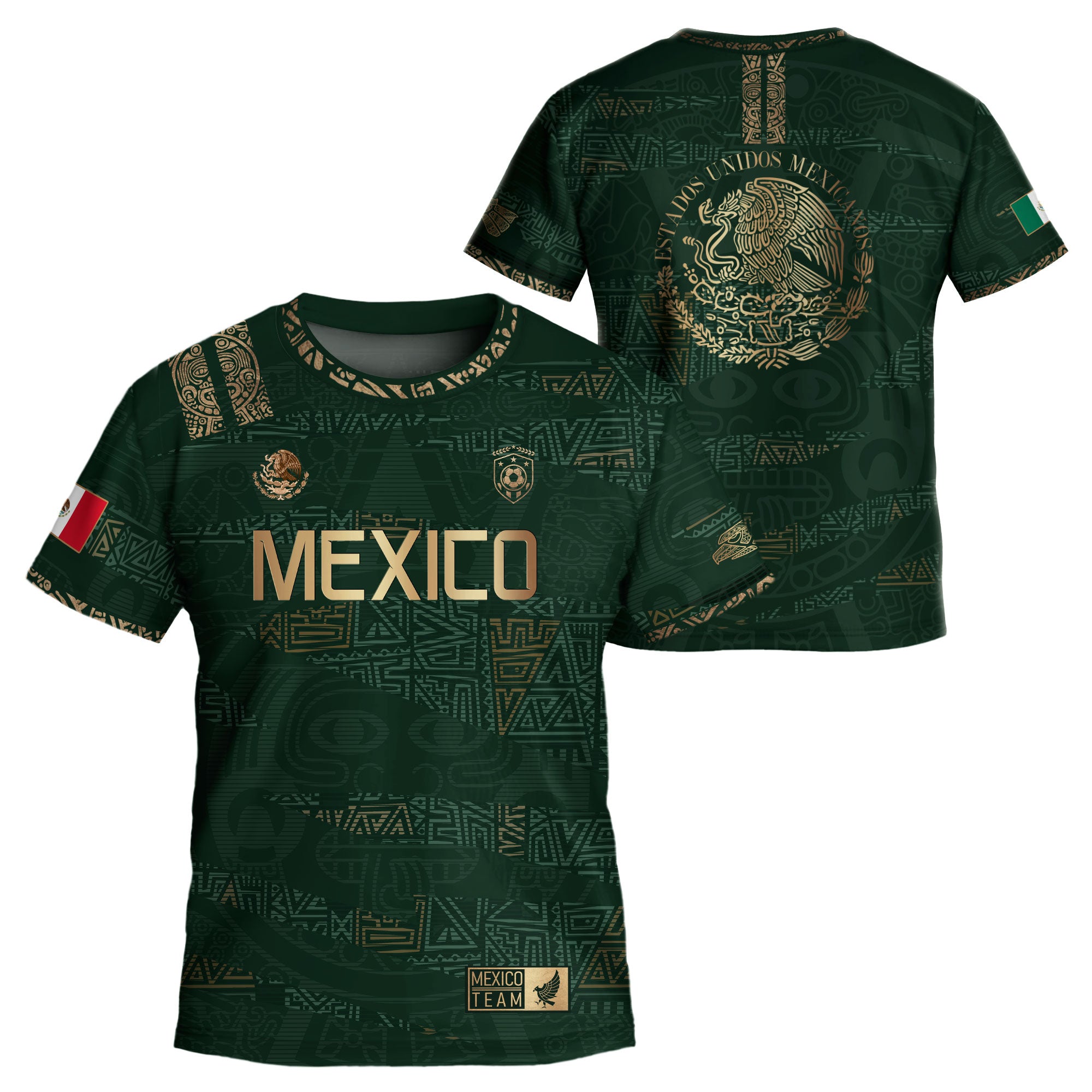 Mexico Kids Soccer Jersey Green Gold Aztec Pattern Crest Design