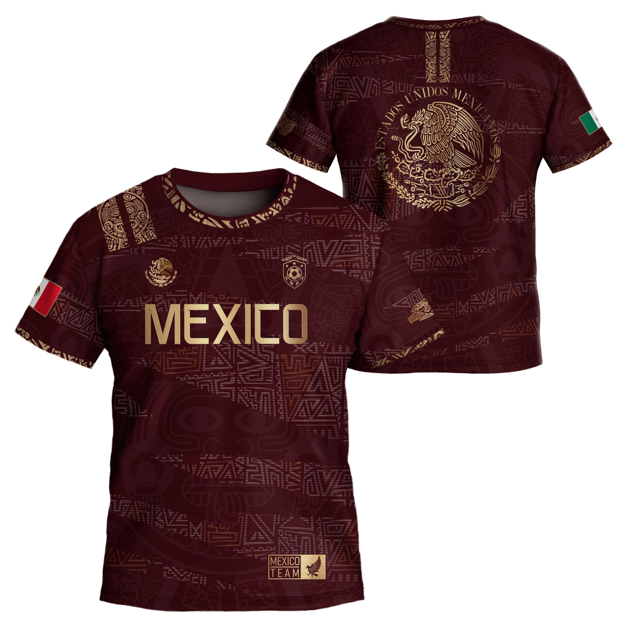 Mexico Kids Soccer Jersey Burgundy Gold Aztec Pattern Crest Design