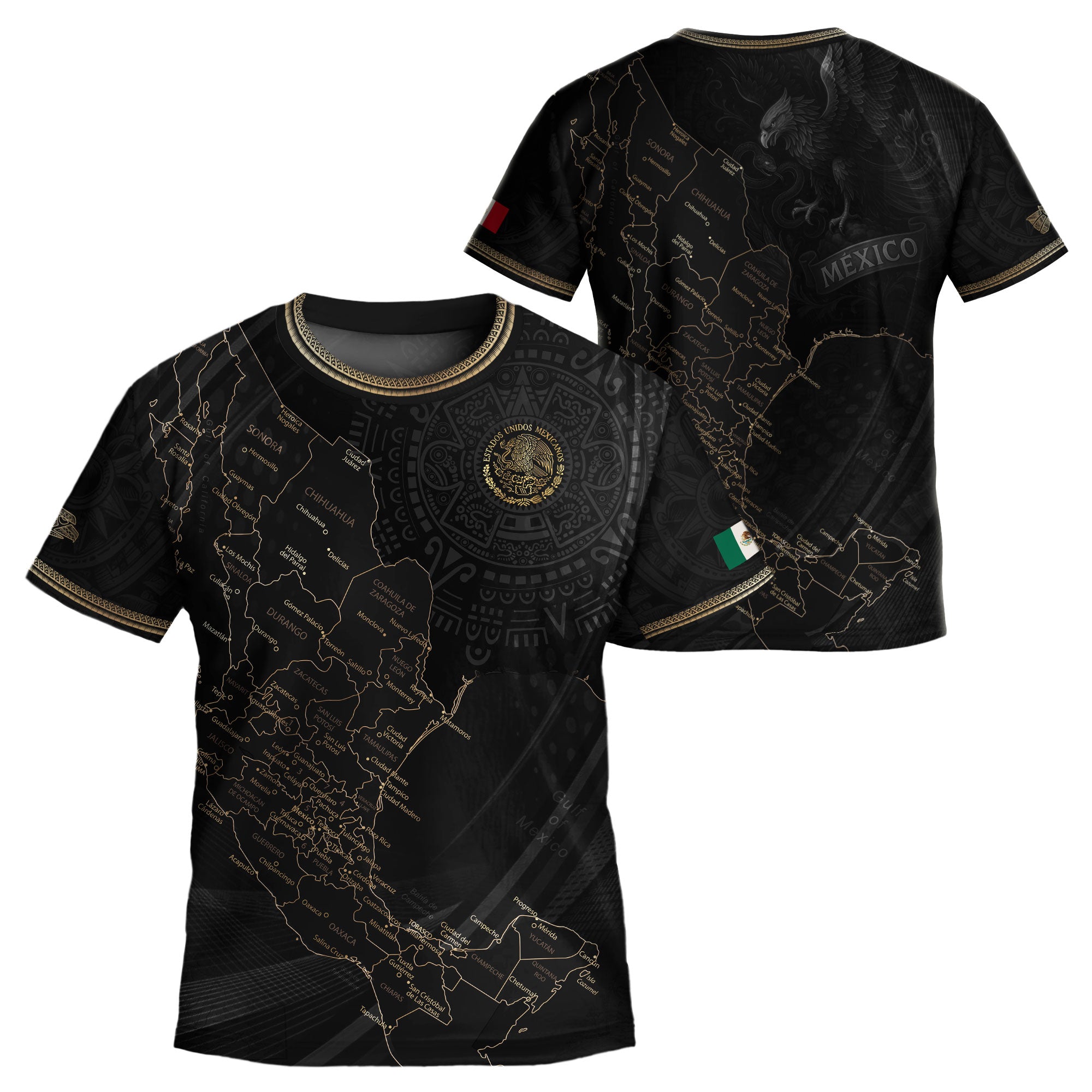 Mexico Kids Soccer Jersey Black Gold Map Aztec Pattern