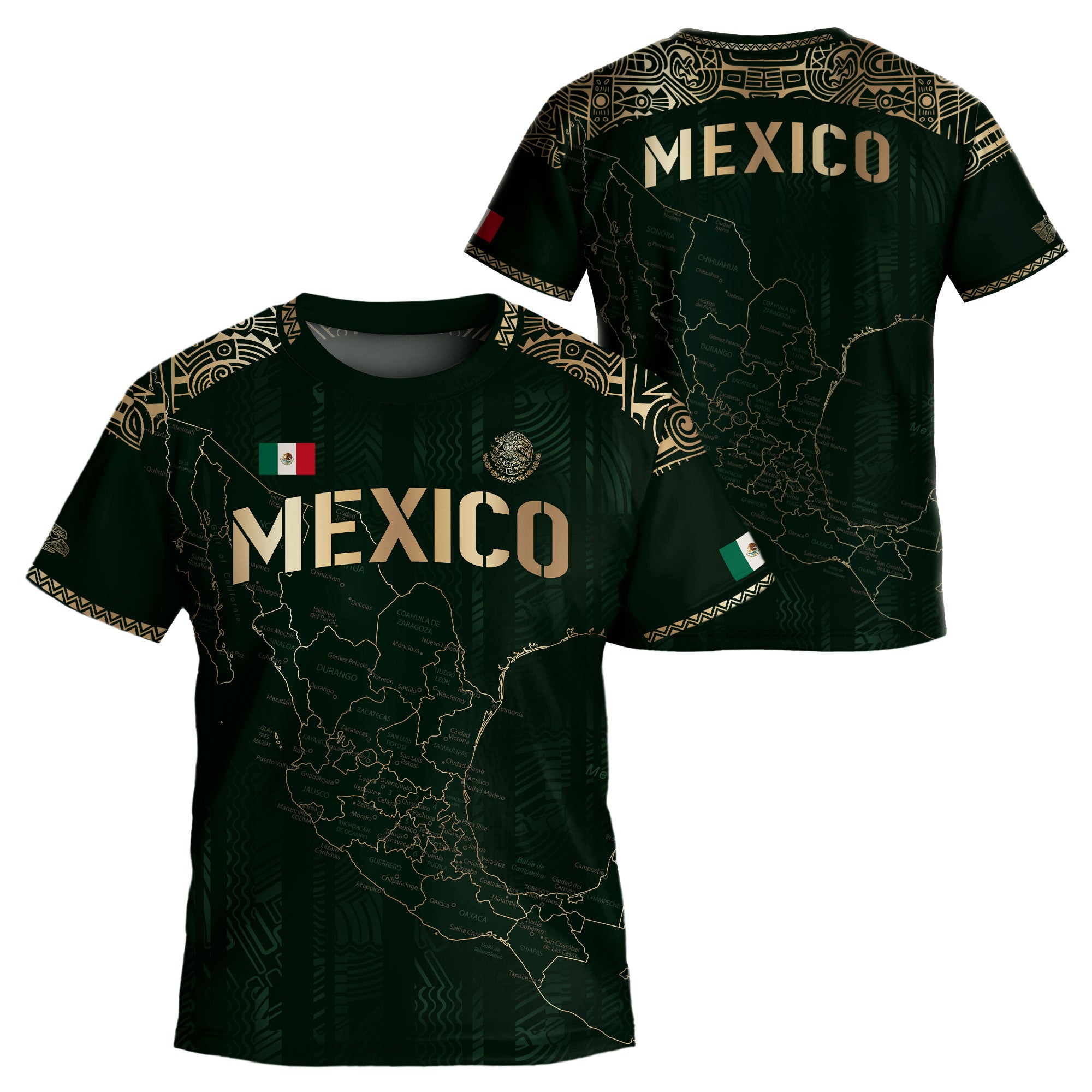 Mexico Kids Soccer Jersey Green Gold Map Aztec Design